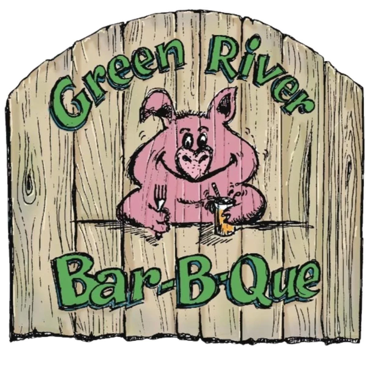 Sign for Green River Bar-B-Qe with a cartoon pig holding a fork and a drink on a wooden background.