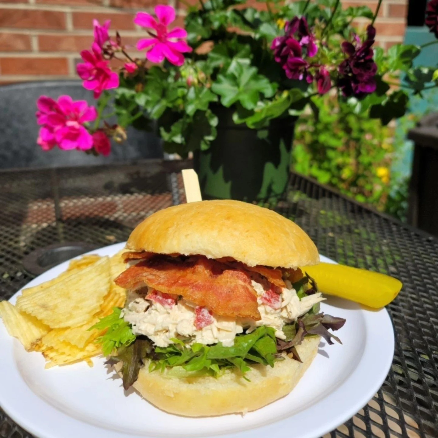 Clam chowder sandwich with bacon, lettuce, tomato, and pickles served with potato chips on a white plate, outdoors with pink and purple flowers in the background.