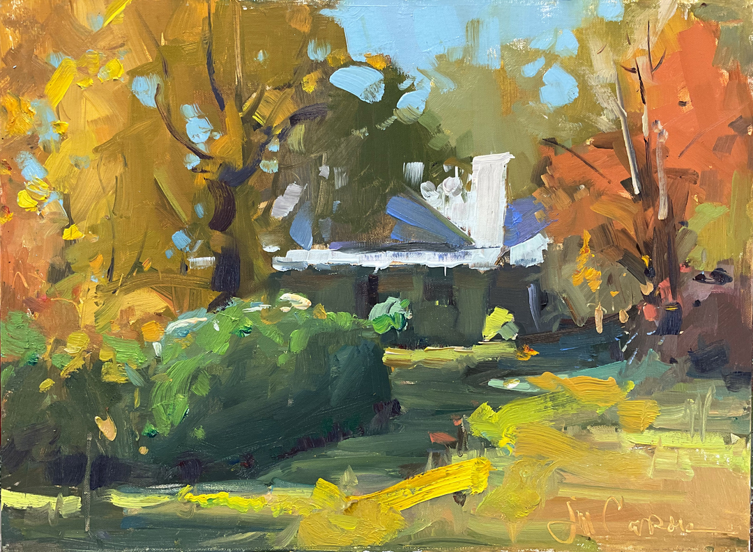 A colorful impressionistic painting of a house surrounded by trees with autumn leaves, with a lush green lawn in the foreground.