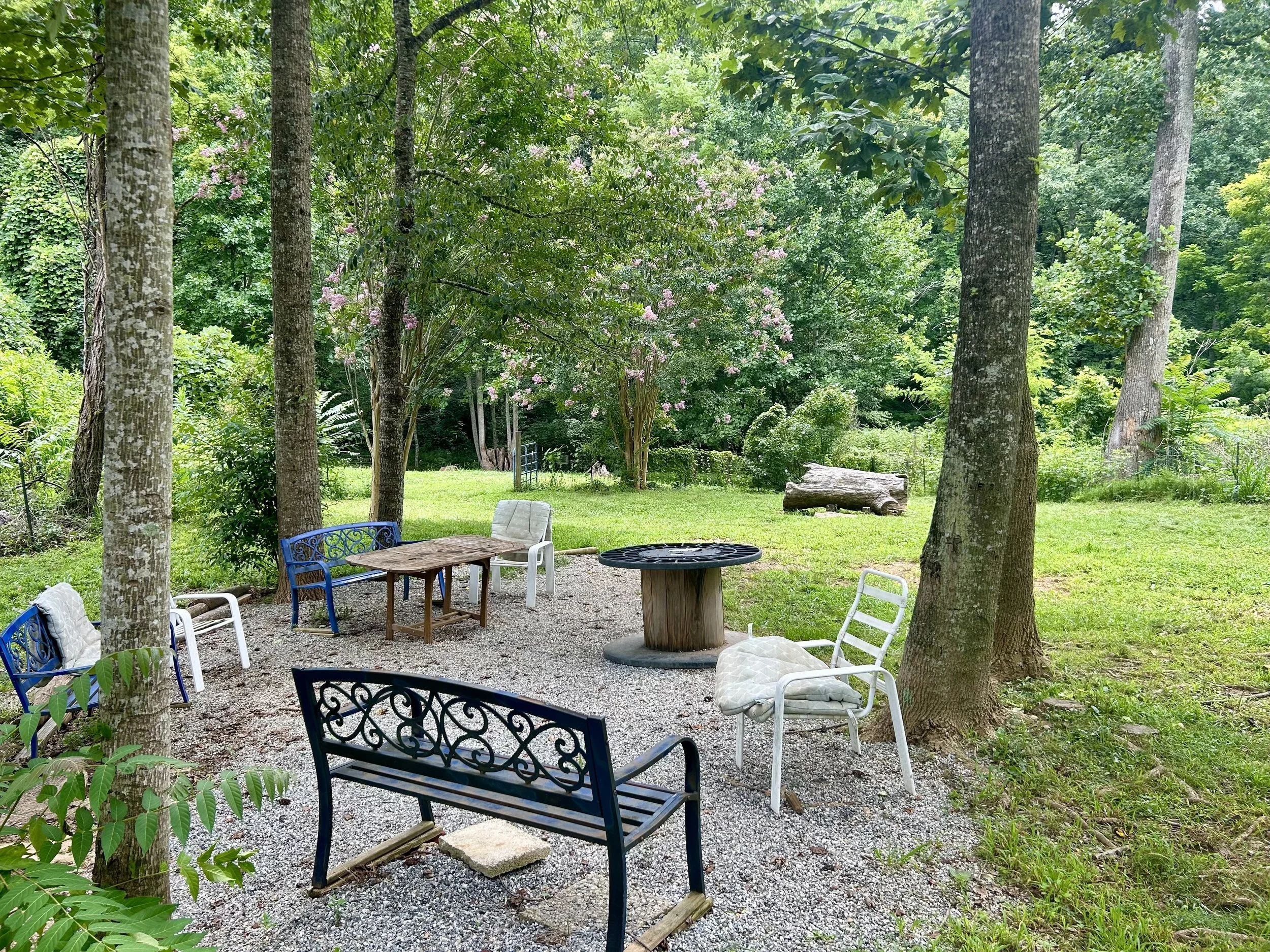 A backyard with trees, a gravel patio, and outdoor furniture including chairs and tables surrounded by green grass and lush trees.