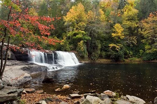 A waterfall flowing into a calm pond surrounded by trees with colorful autumn leaves.