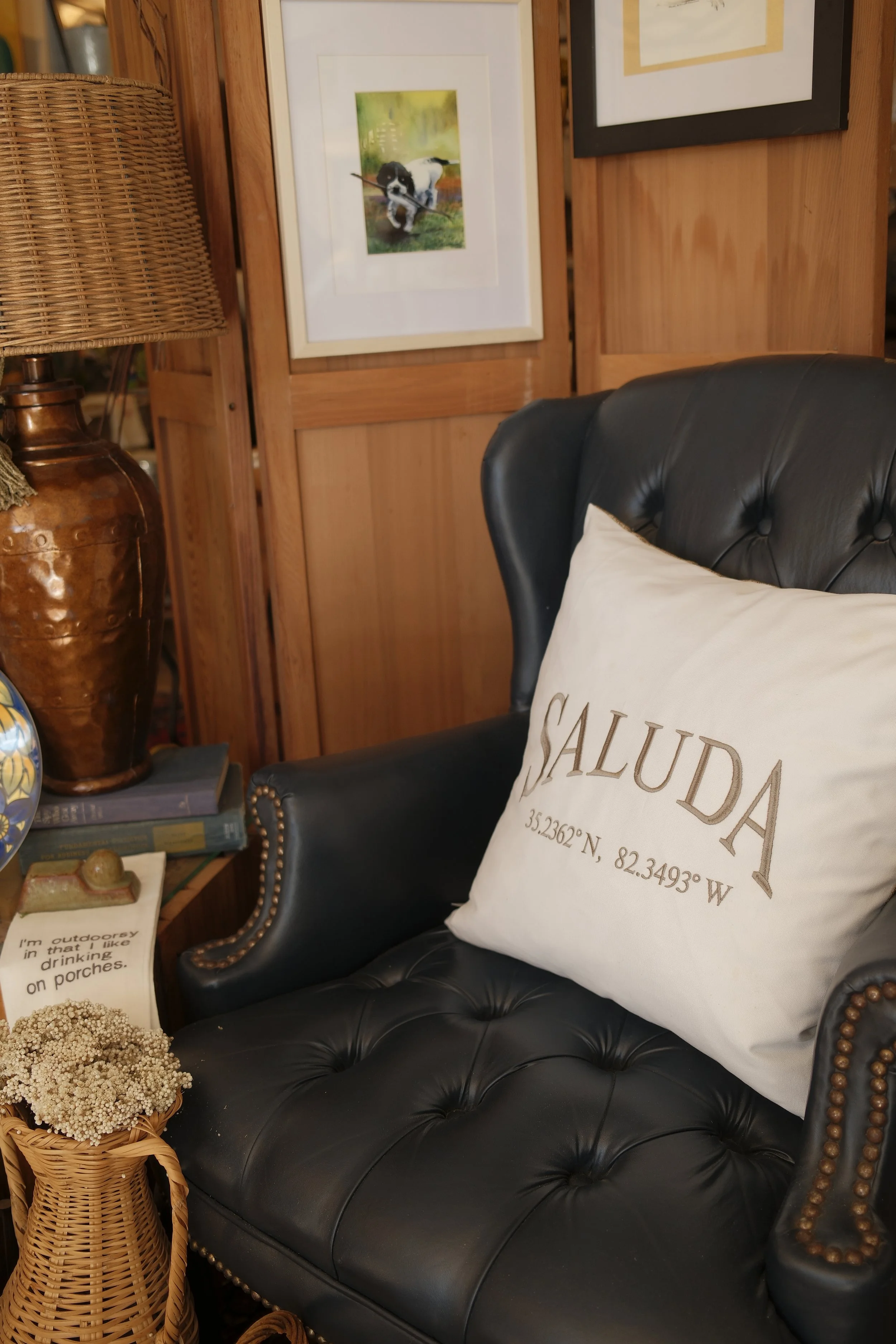 A black leather armchair with a beige pillow that has the word 'SALUDA' and coordinates printed on it. Next to the chair is a wicker basket with a small potted plant, and on the wall behind, there are framed pictures of a bird and abstract artwork. A