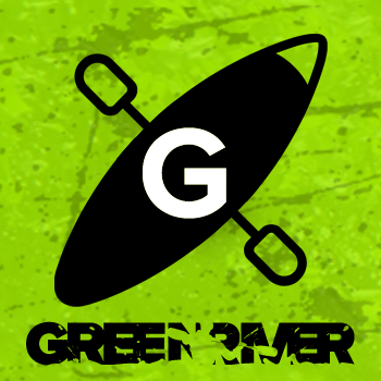 Logo of a kayak or canoe with a paddle behind it, featuring a large letter G in the center, on a green textured background, with the words 'GREEN RIVER' underneath.