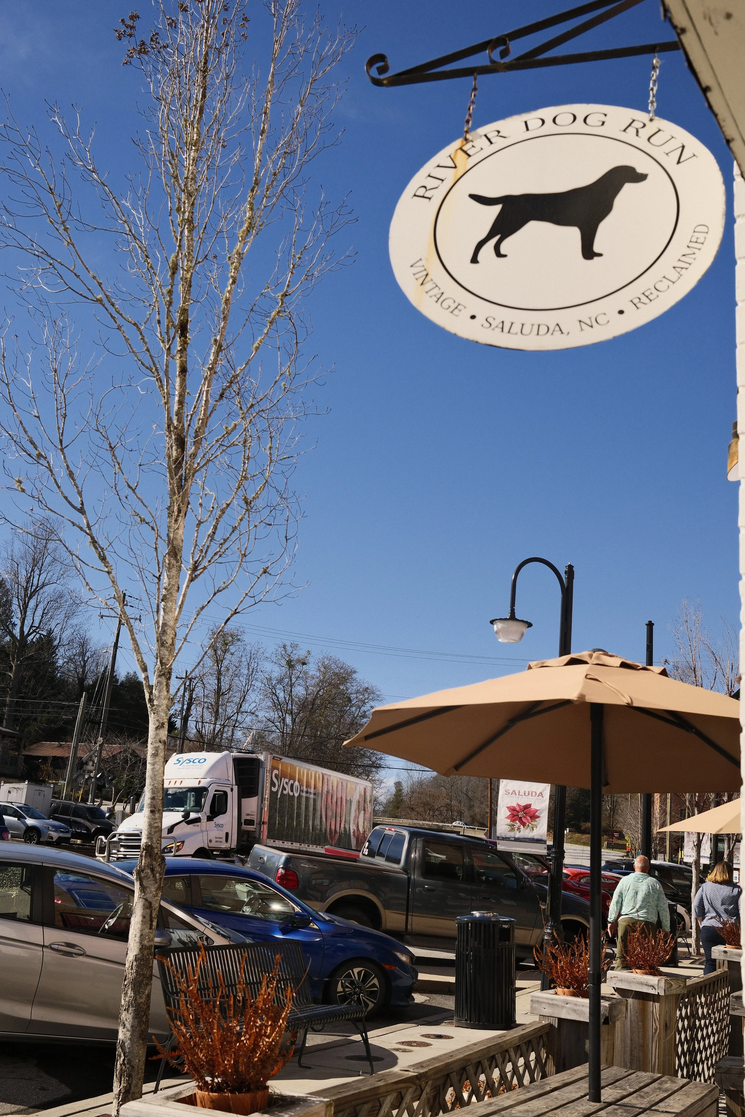 A parking lot outside a shopping area with cars, vans, and trucks, some trees without leaves, outdoor seating with umbrellas, a decorative sign with a dog silhouette that reads "River Dog Run" with location details, and people walking.