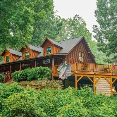 Wooden house in a wooded area with a porch, surrounded by greenery and trees.