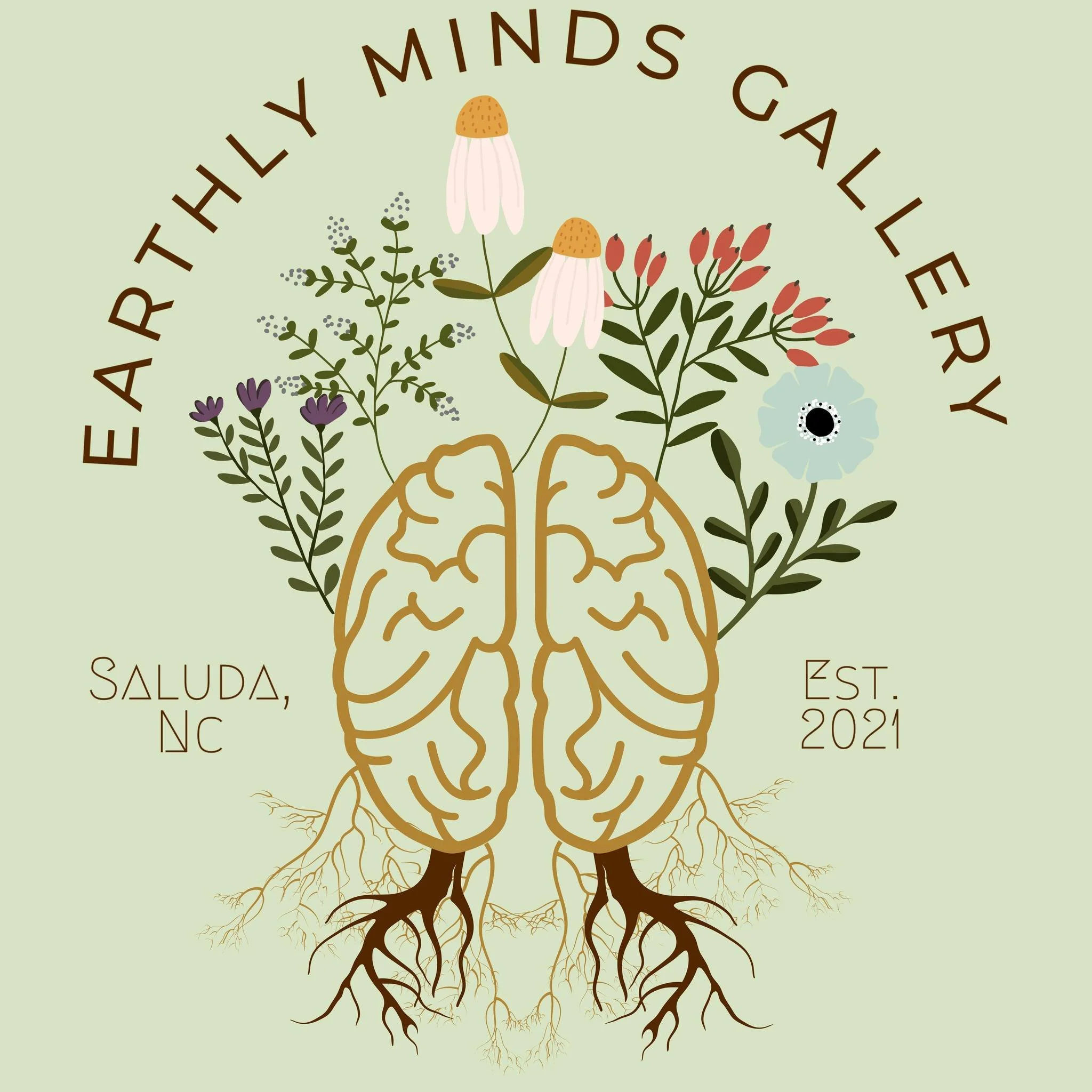 Illustration of a human brain with roots extending downward, surrounded by colorful flowers and leaves, and text indicating a greeting for 'Easter'. The background is light green.