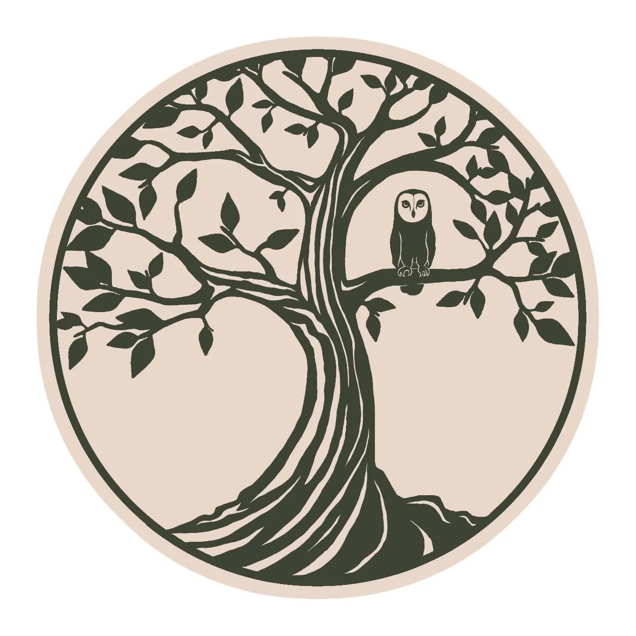 A circular illustration of a tree with a twisted trunk and branches with leaves, and an owl perched on one of the branches.