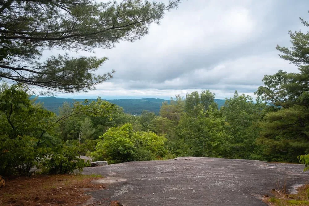 View from a rocky outcrop over a forested valley with rolling hills in the distance, cloudy sky overhead.