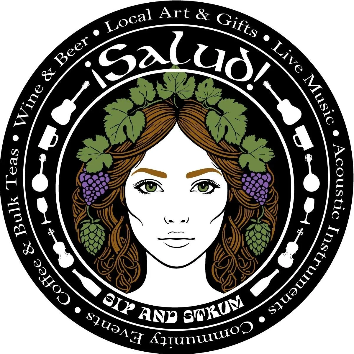 A circular logo for Salt! featuring a woman's face with long hair decorated with grape and hop plant leaves. The surrounding text promotes local art, gifts, live music, and cuisine, with icons of guitars, wine glasses, and food.