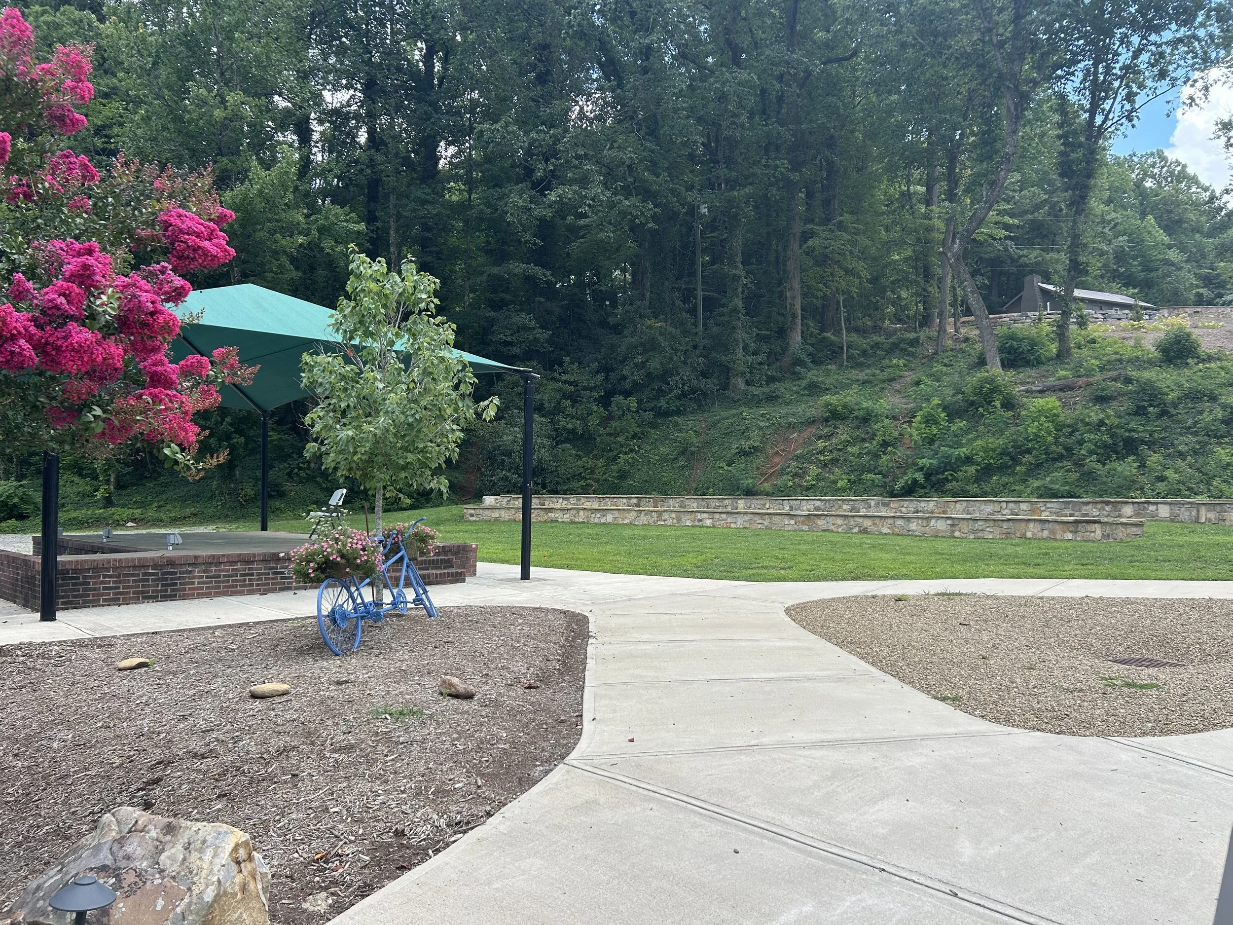 A landscaped outdoor patio area with a concrete walkway, a brick patio section, a green patio umbrella, and two blue bicycles. Surrounding the area is a grassy lawn with a retaining wall, tall trees, and vibrant pink flowering bushes. In the backgrou