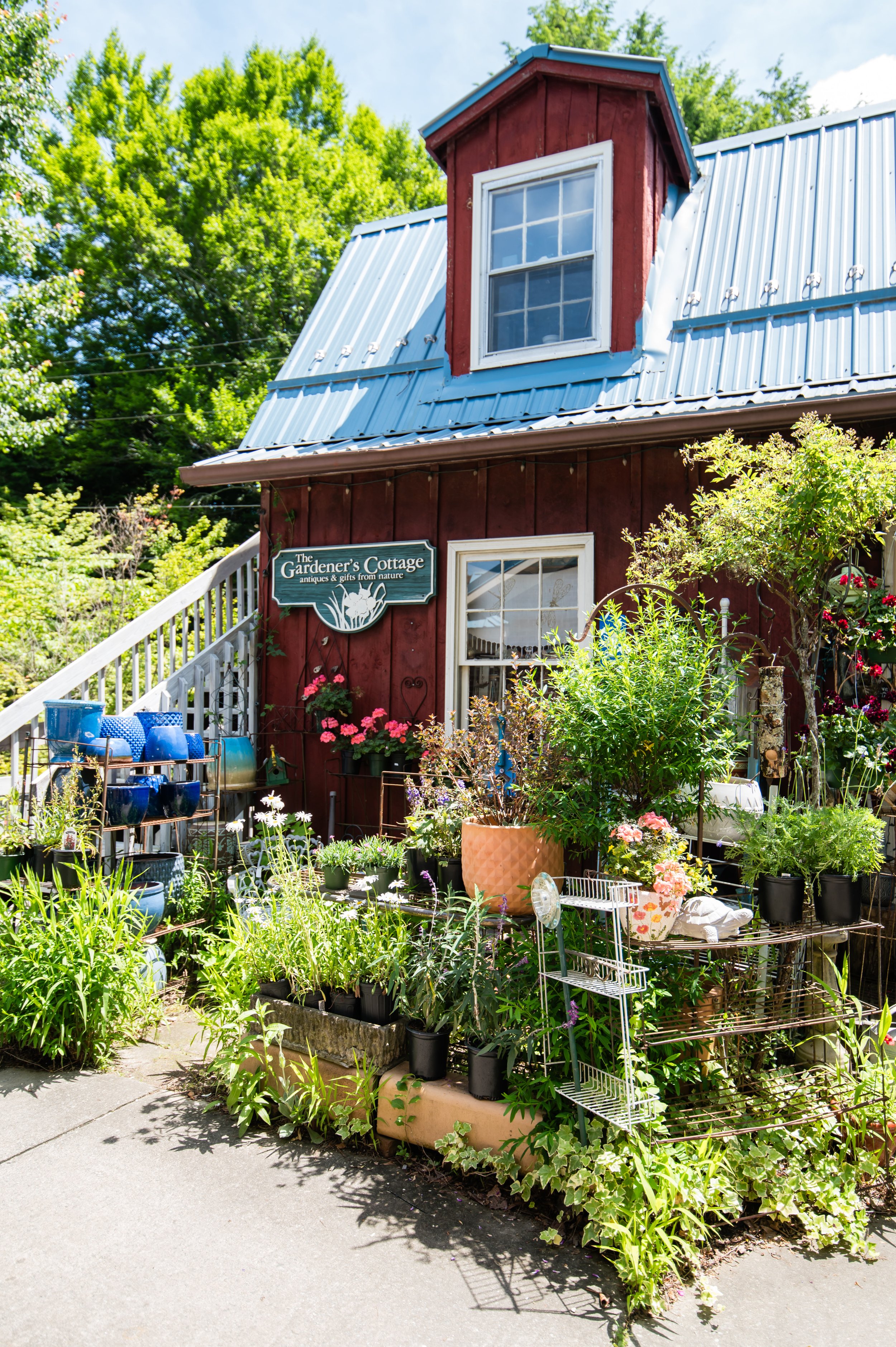 A small red wooden cottage with a blue metal roof, surrounded by a lush garden with various potted plants, flowers, and garden decor. There is a sign on the house that reads "The Gardener's Cottage, antiques & gifts from nature."