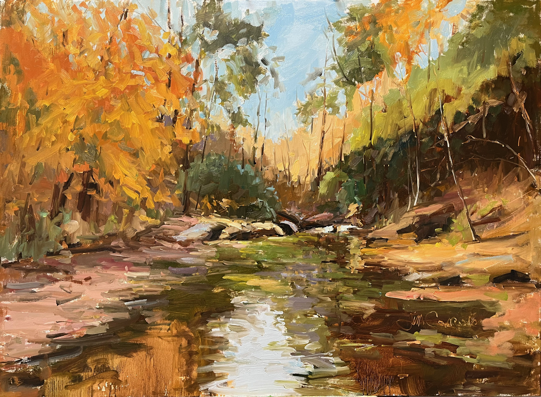An oil painting of a nature scene depicting a small creek surrounded by autumn foliage with trees displaying yellow, orange, and green leaves, under a light blue sky.