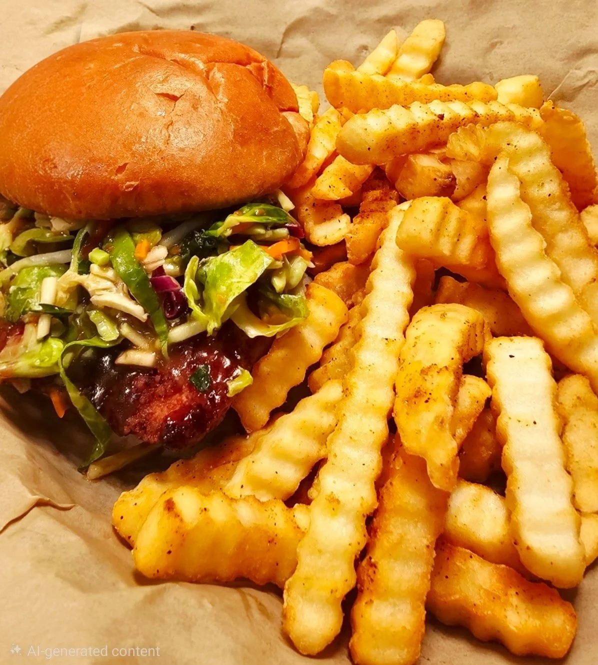 Burger with lettuce, tomato, and bacon, served with crinkle-cut French fries.