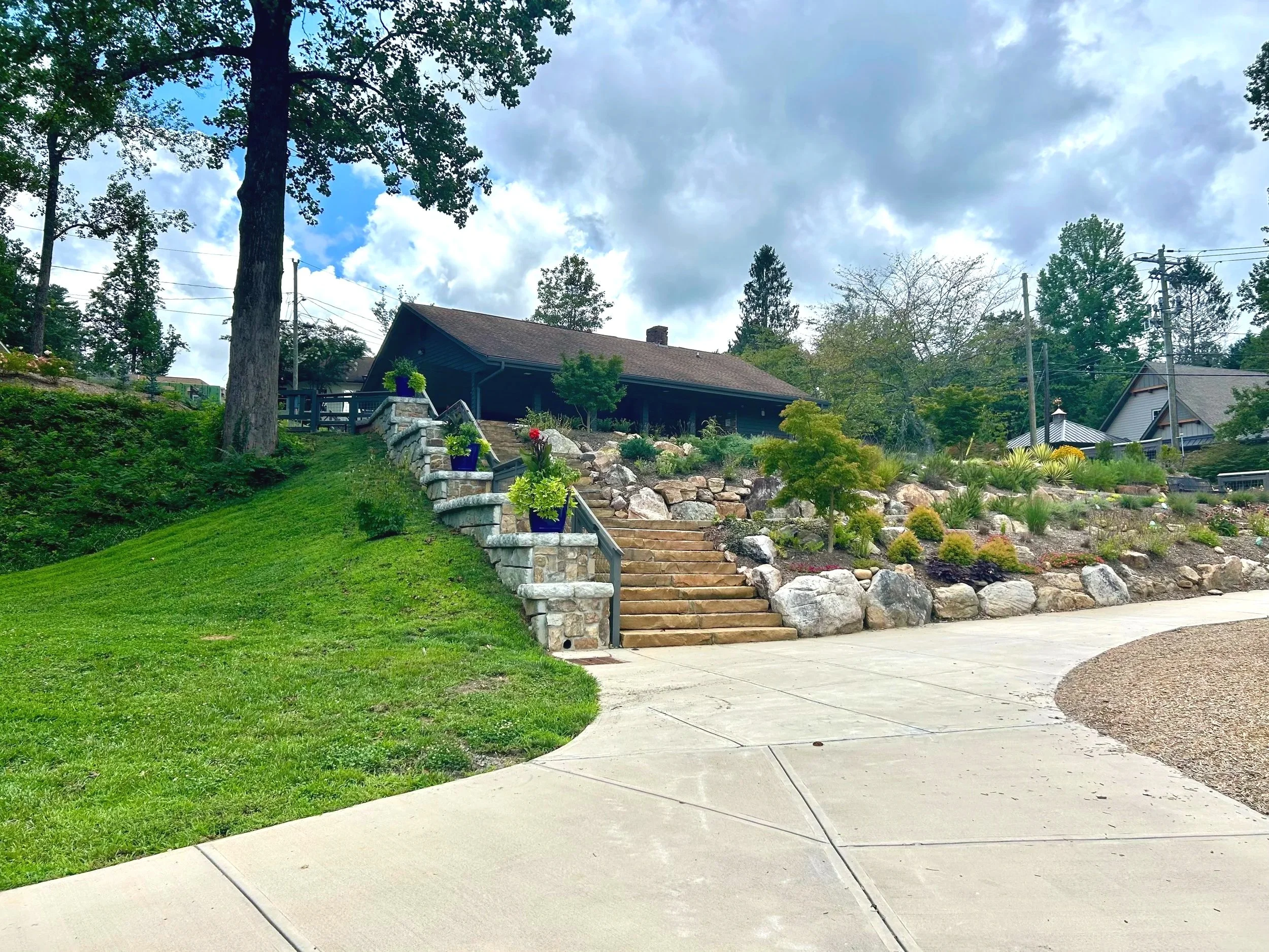 A suburban backyard with a staircase leading up to a house, a green lawn, various plants, and trees under a cloudy sky.