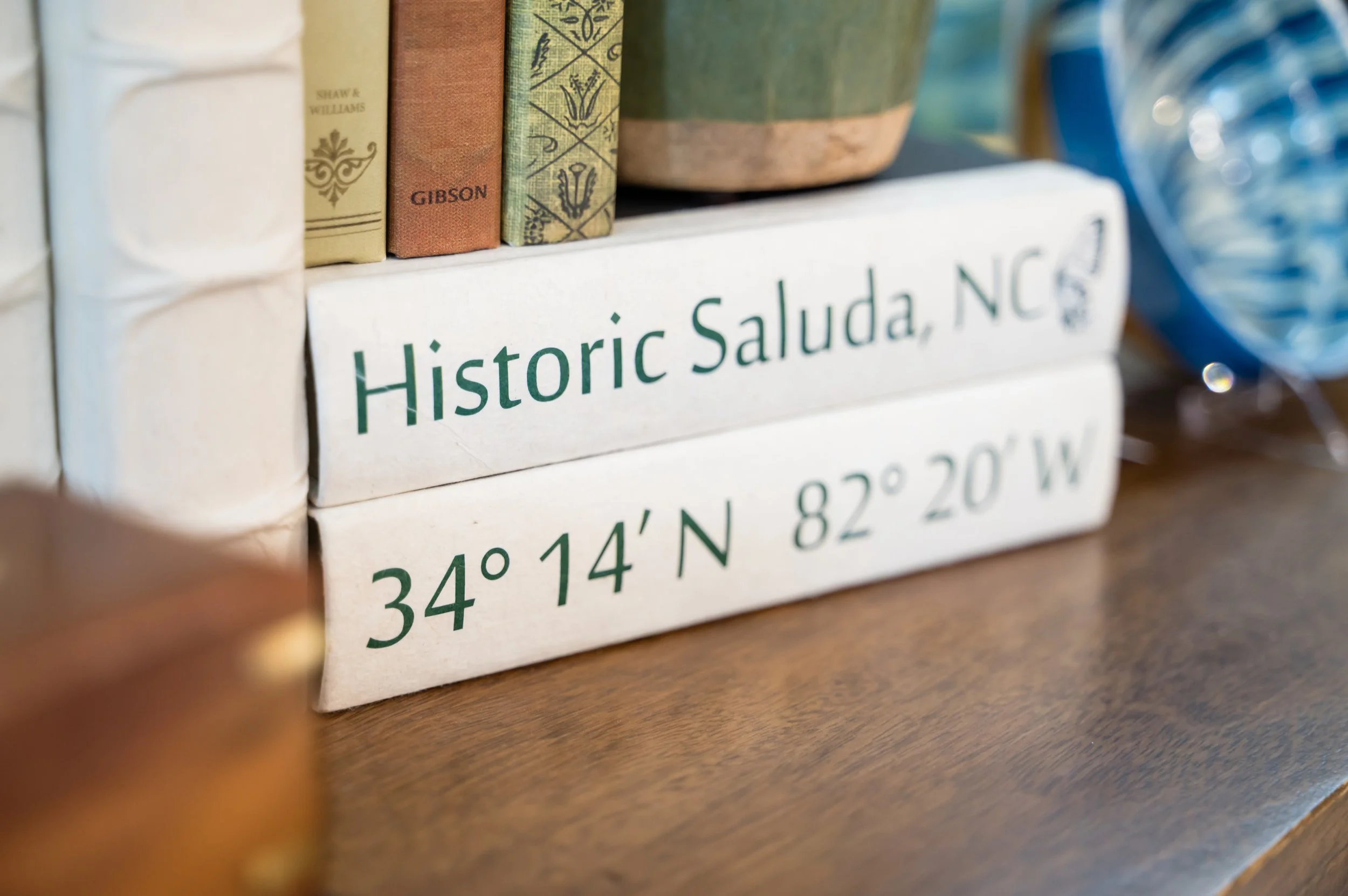 Close-up of a sign that reads 'Historic Saluda, NC' with a background of books and a blurred blue plastic container.