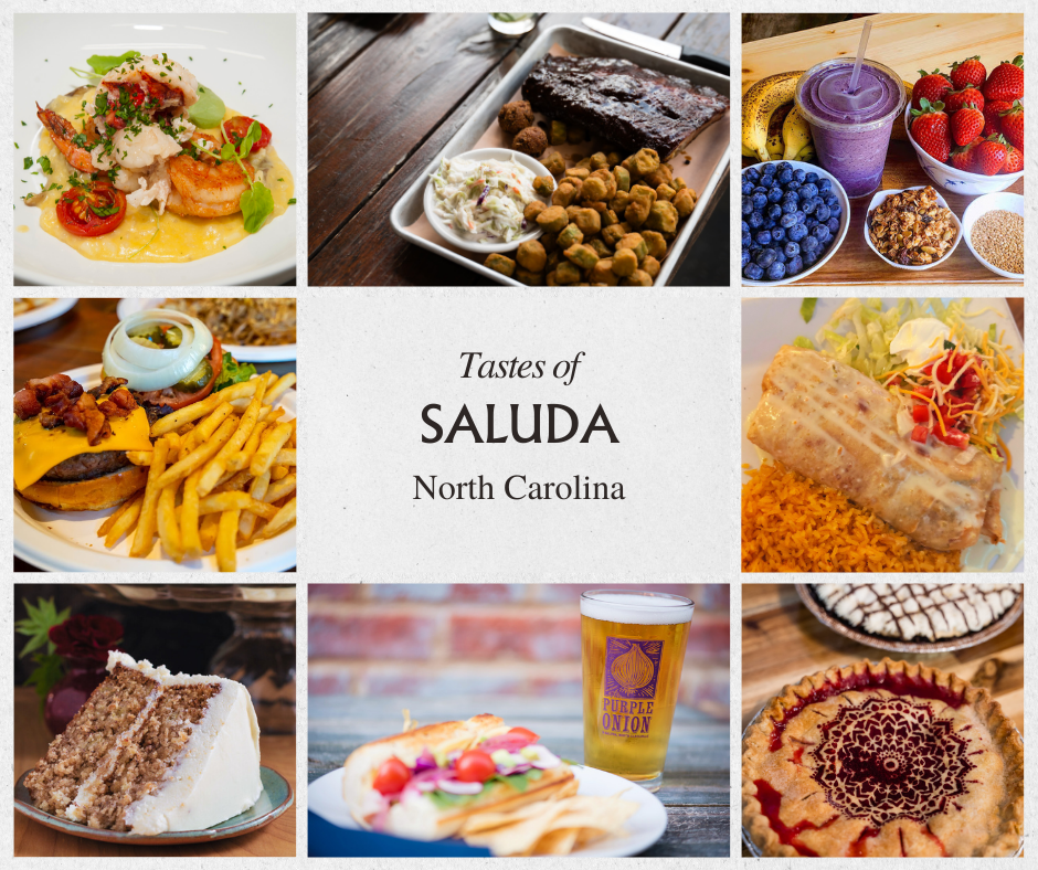A collage of North Carolina cuisine including seafood, barbecue, fresh berries, desserts, and beverages.