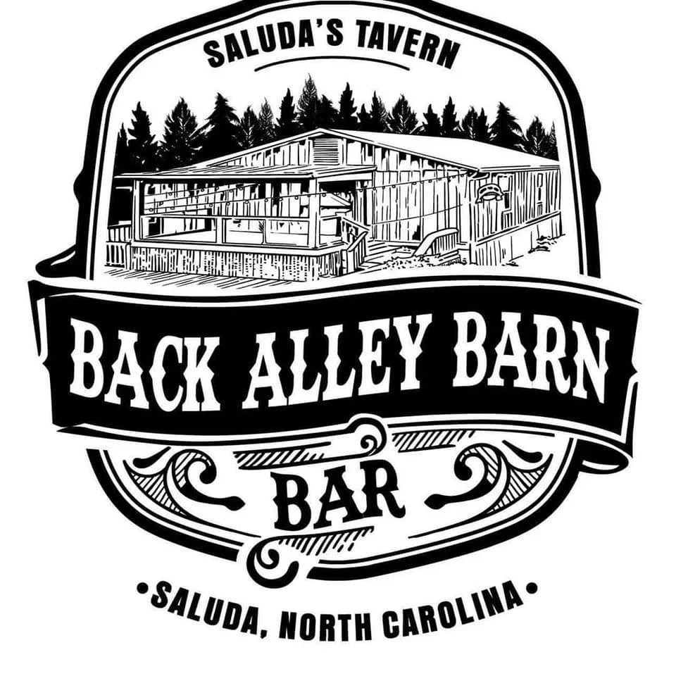 Black and white logo for Saluda's Tavern and Back Alley Barn Bar in Saluda, North Carolina, featuring an illustration of a wooden barn with fence, trees, and rustic details.