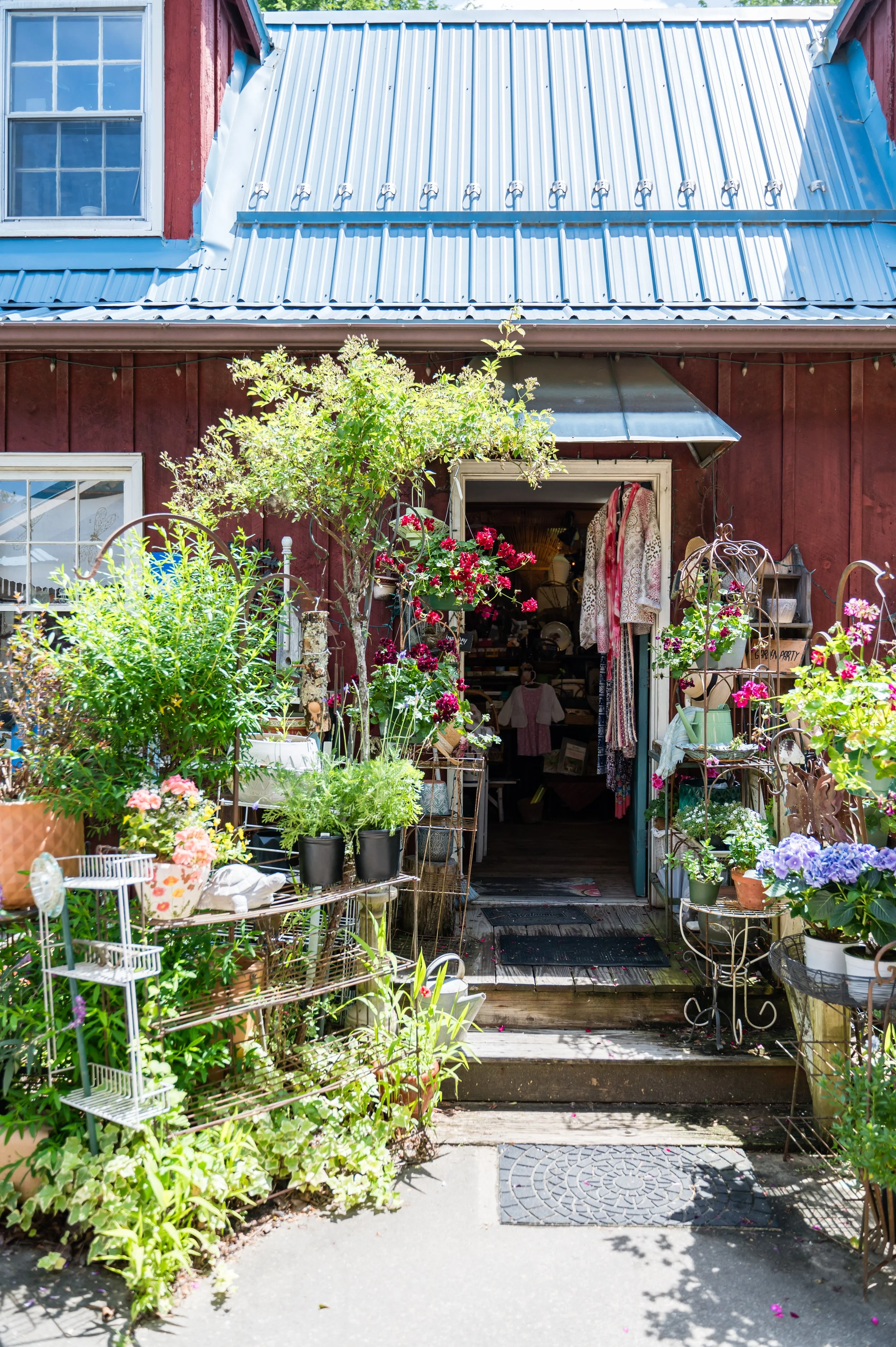 Entrance to a flower shop or garden store with various potted plants and flowers, red wooden building with a metal roof, open door, and surrounding greenery.