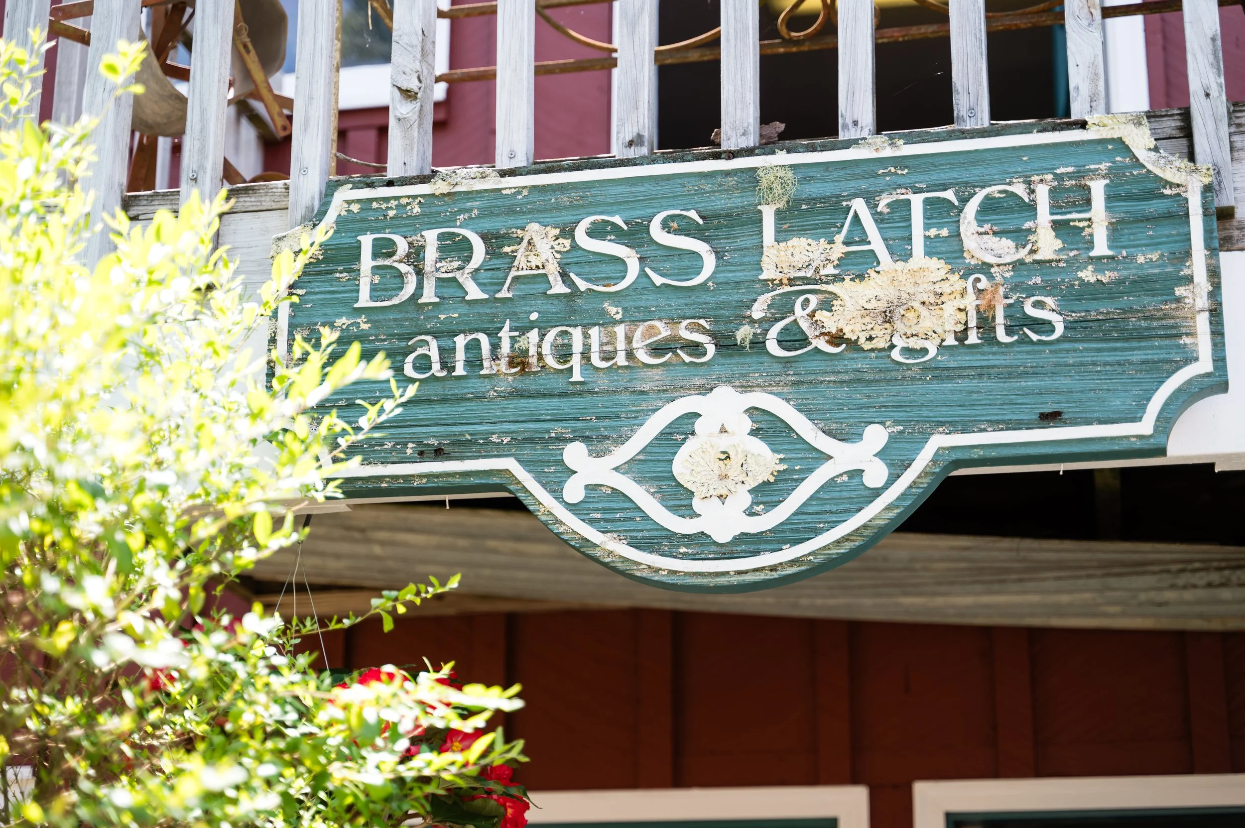 A weathered green and white sign reading 'Brass Cache Antiques & Gifts' hangs in front of a building with a red wall. There are green leaves and red flowers in the foreground.