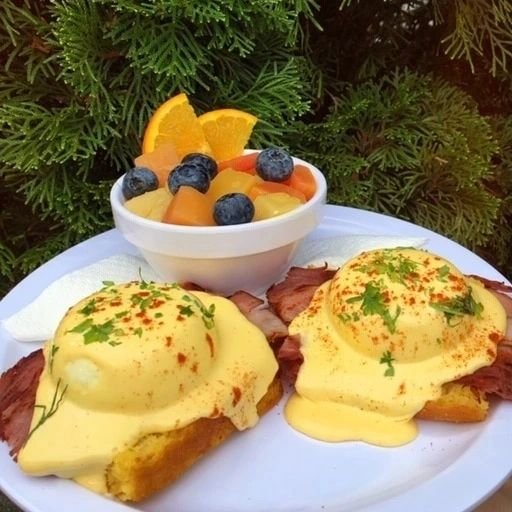 Close-up of eggs Benedict with hollandaise sauce, served with a side of fresh fruit salad including blueberries, orange slices, and pineapple, on a white plate with a green leafy background.