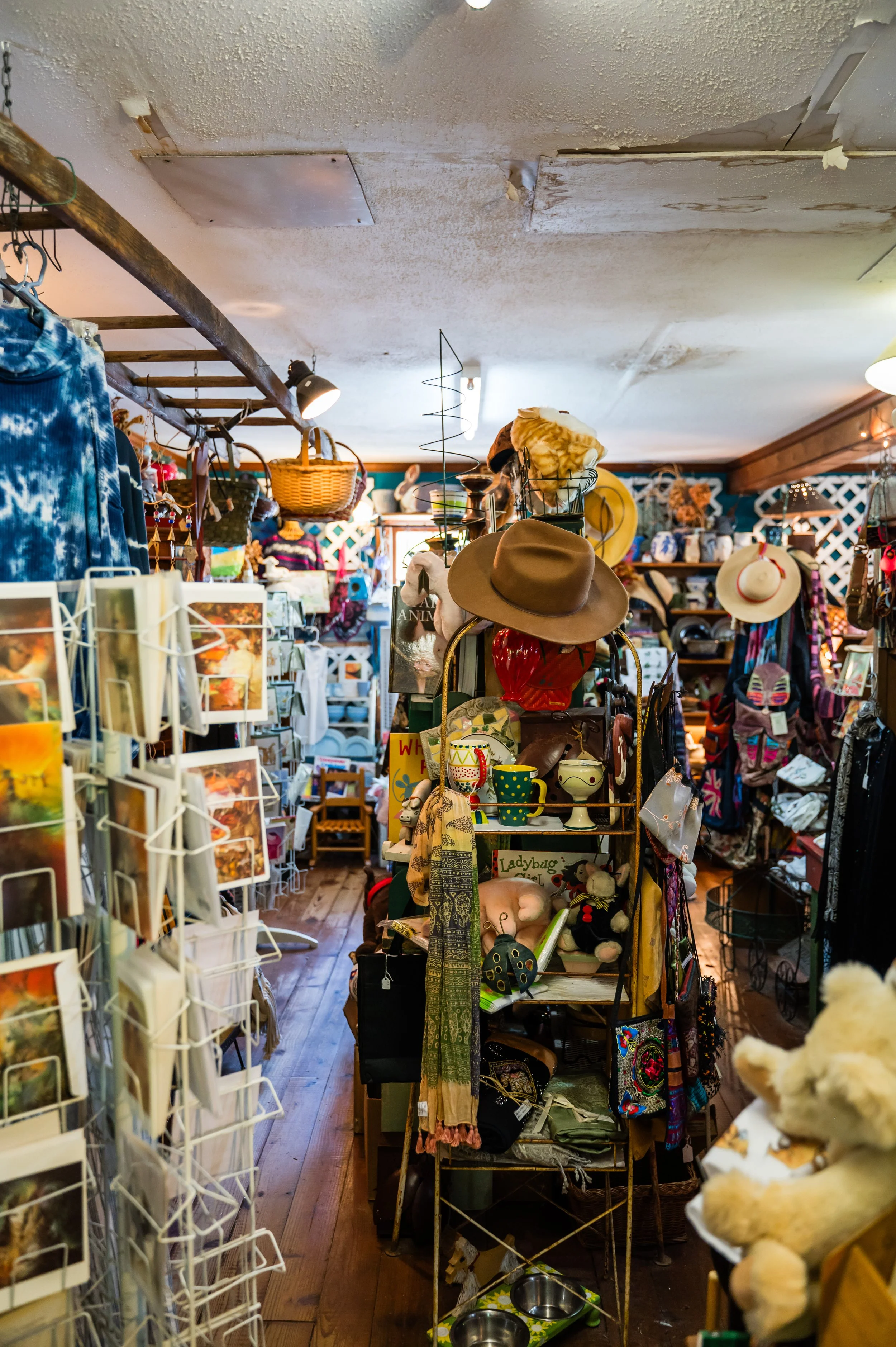 Interior view of a thrift store filled with various items such as hats, stuffed animals, mugs, and clothing. Shelves and racks are tightly packed with merchandise, including postcards on a rotating rack on the left side.