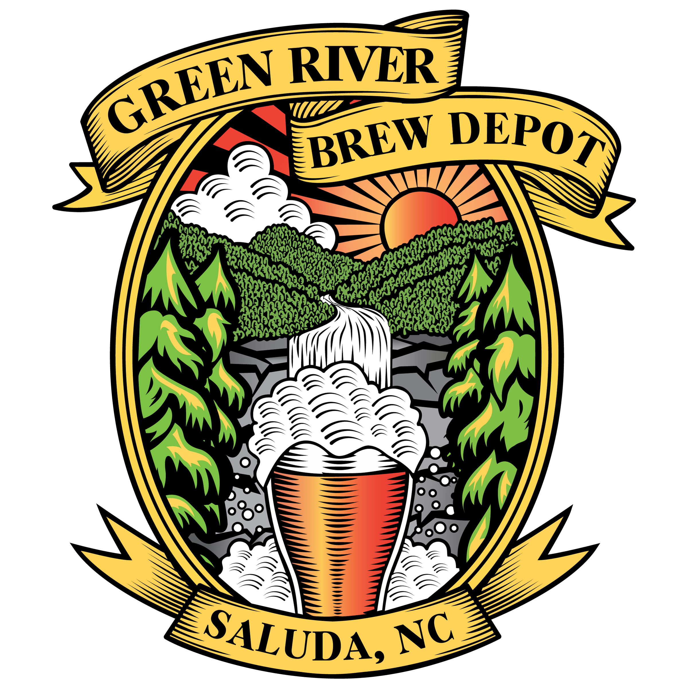 Colorful logo for Green River Brew Depot featuring a waterfall, mountains, a sunset, and trees with the text 'Green River Brew Depot' and 'Saluda, NC'.