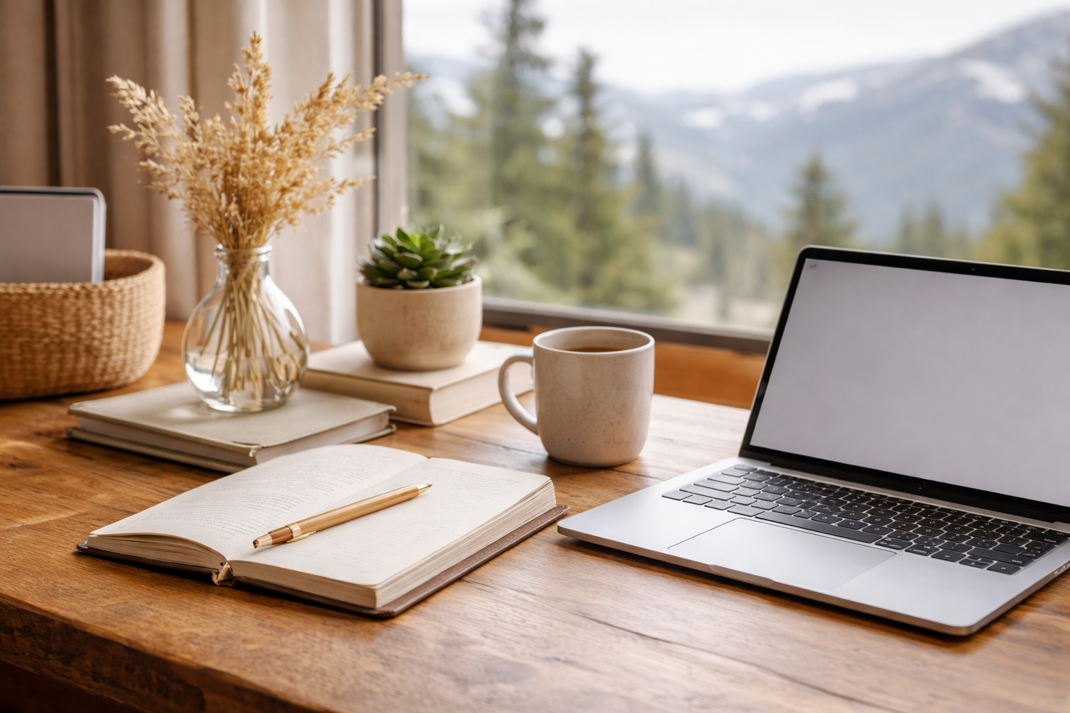 A workspace featuring a wooden desk with an open notebook and pen, a mug, a laptop with a blank screen, potted plants, books, and a decorative dried flower arrangement, with a view of mountains and trees through a large window.