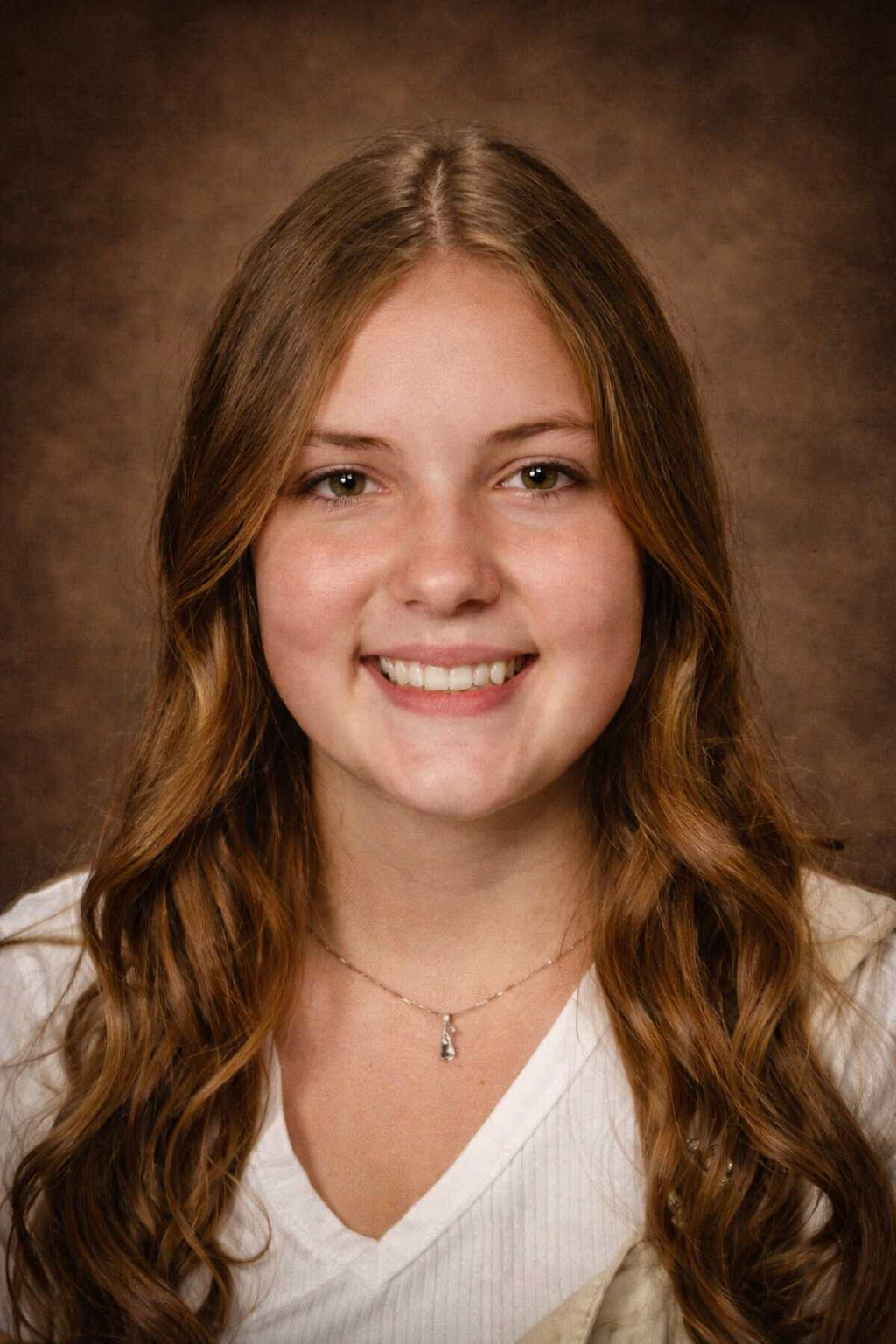 A smiling young woman with long wavy brown hair, wearing a white top and a necklace, against a brown textured background.