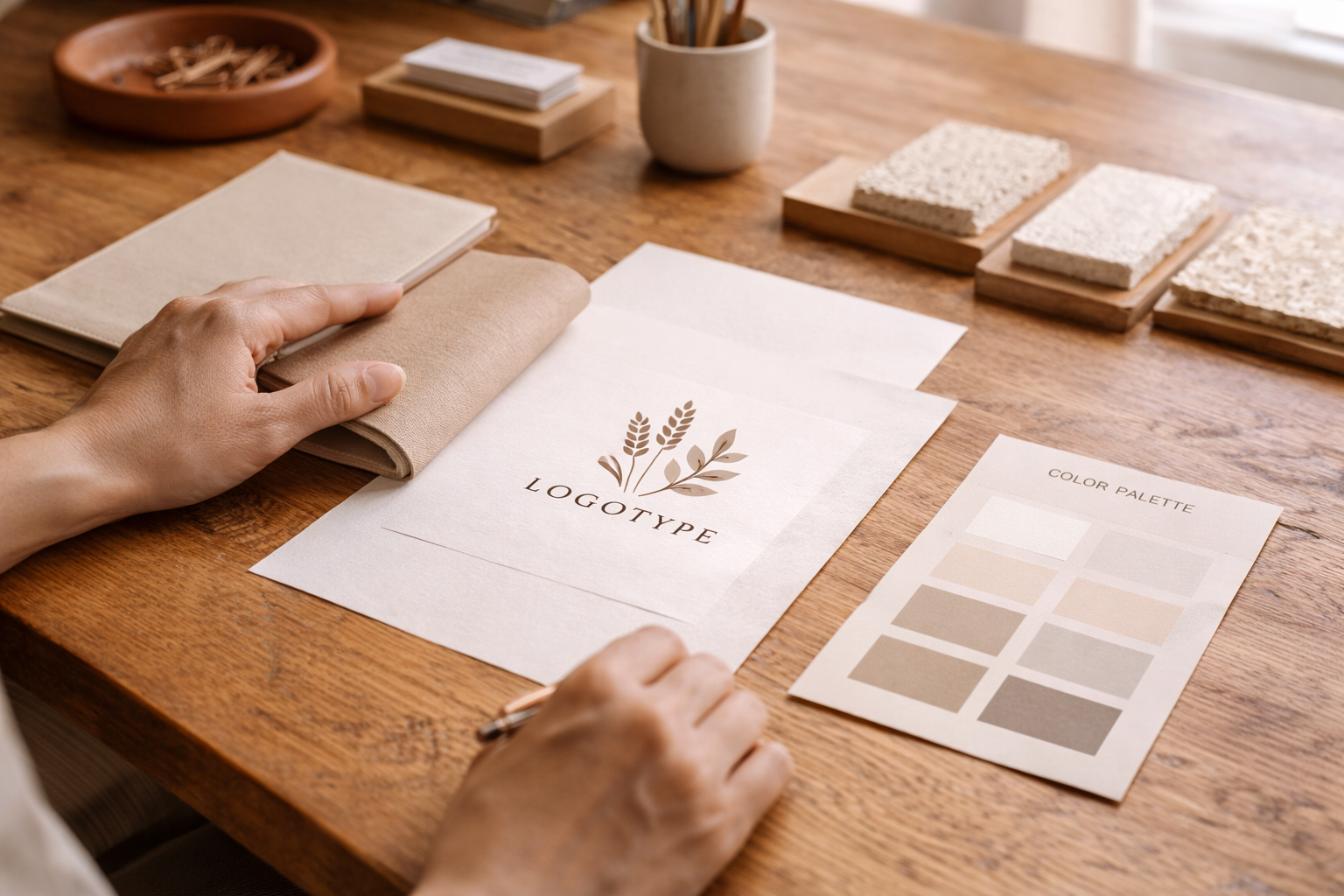 A person working on a design project at a wooden table. Items include fabric swatches, a logo design with plant graphic, color palette, and various design materials.