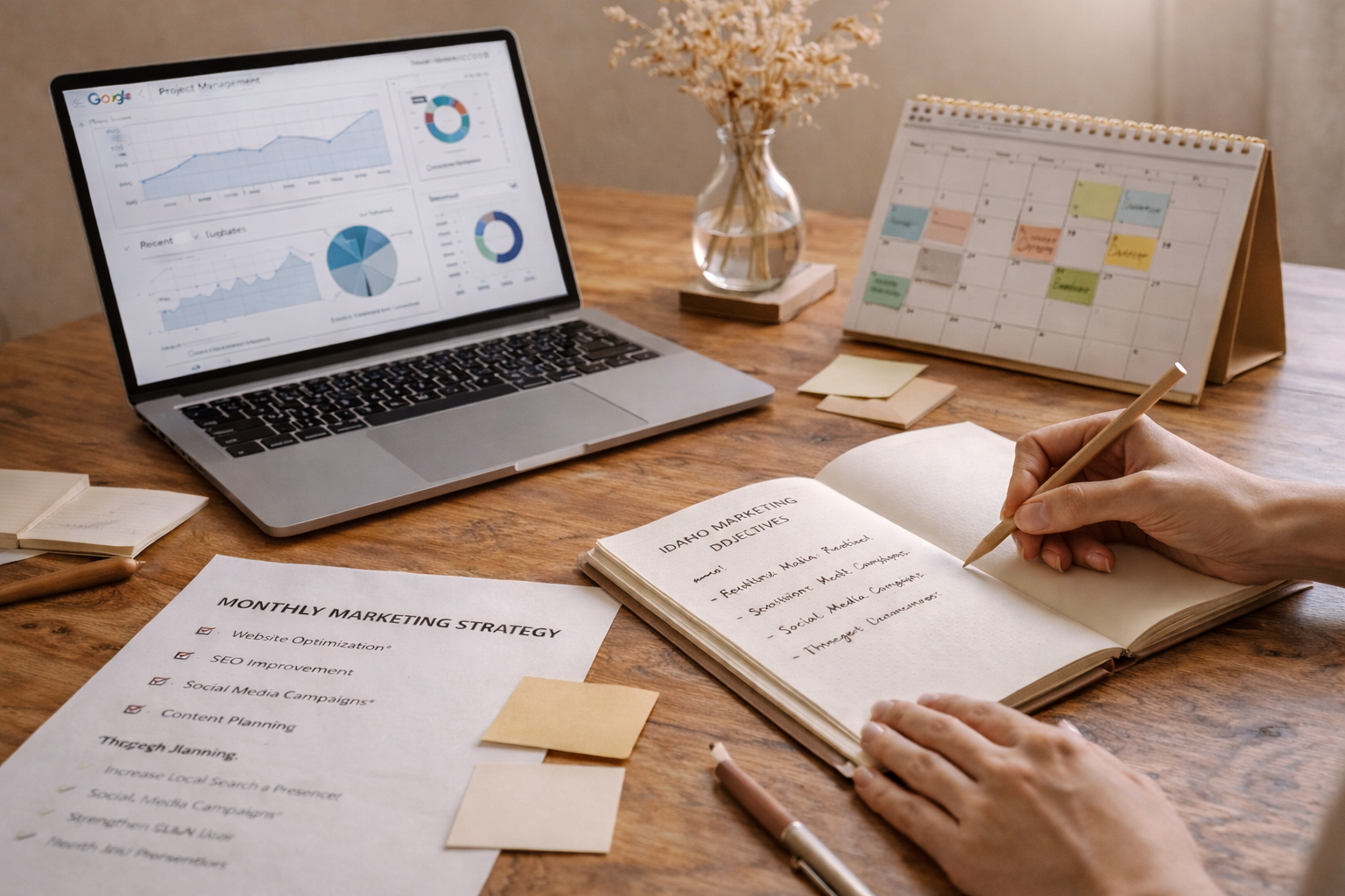 A workspace with a laptop showing charts and graphs, a person's hand writing in a notebook titled 'IDAHO MARKETING' around other documents, a calendar, a flower vase, sticky notes, and a pen on a wooden table.
