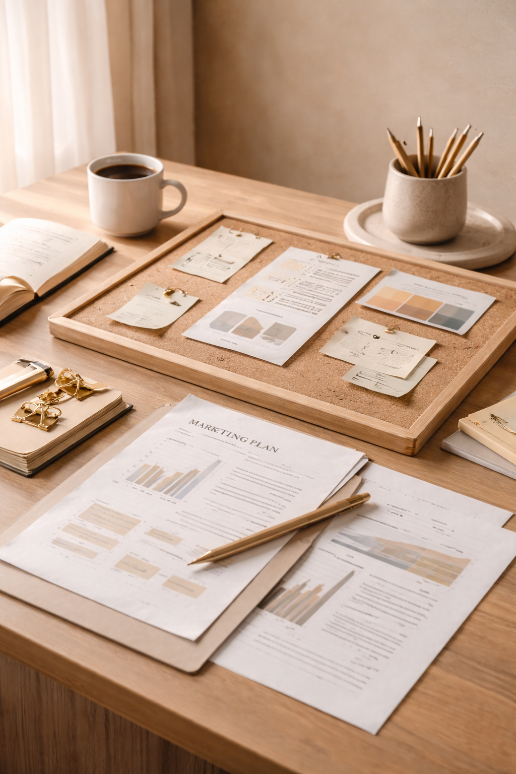 Workspace with printed documents, a cup of coffee, a tray with notes and sketches, a notebook with gold clips, and a container holding pencils and pens.