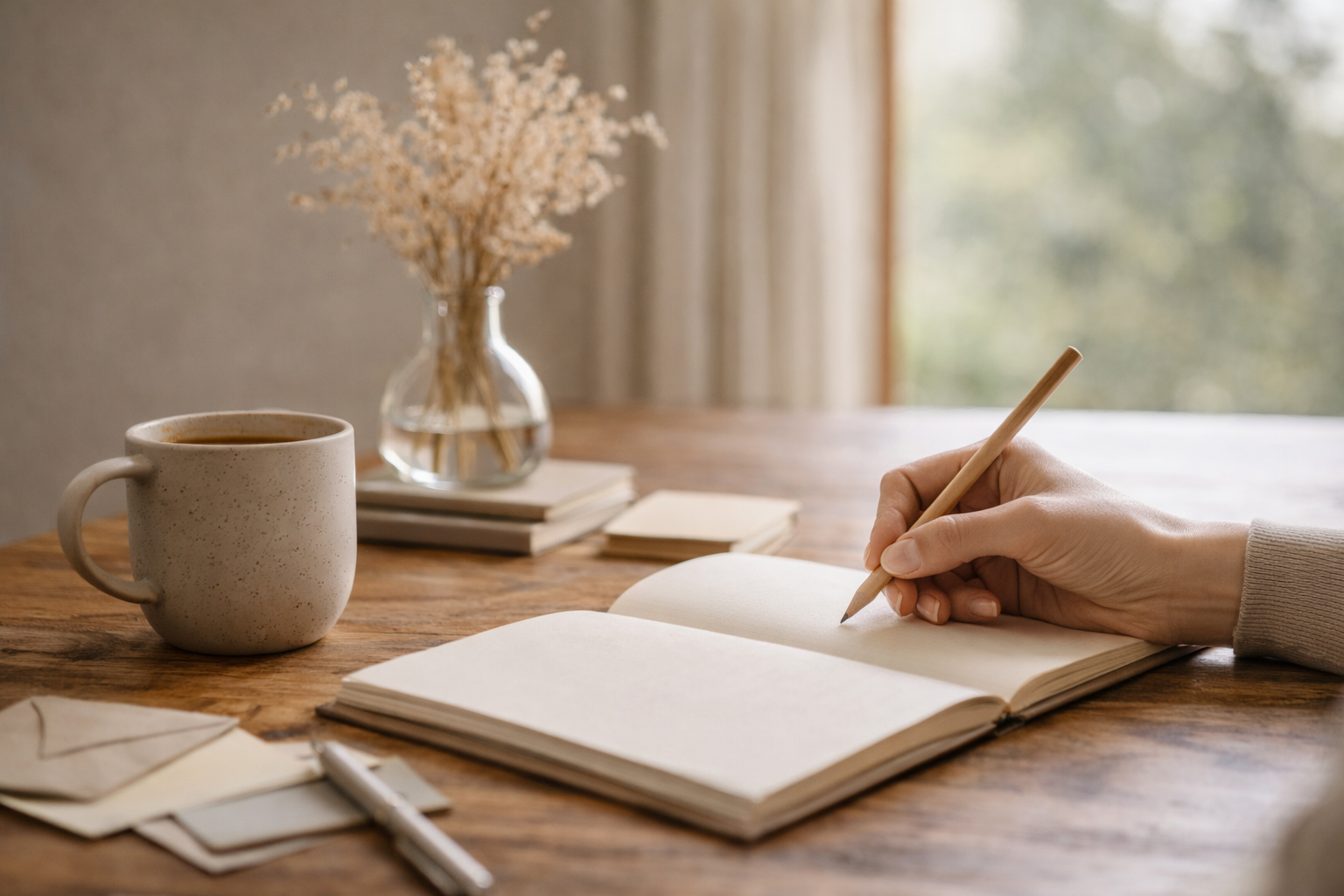 A person writes in a notebook at a wooden table, with a ceramic mug, a vase with dried flowers, and scattered stationery around.