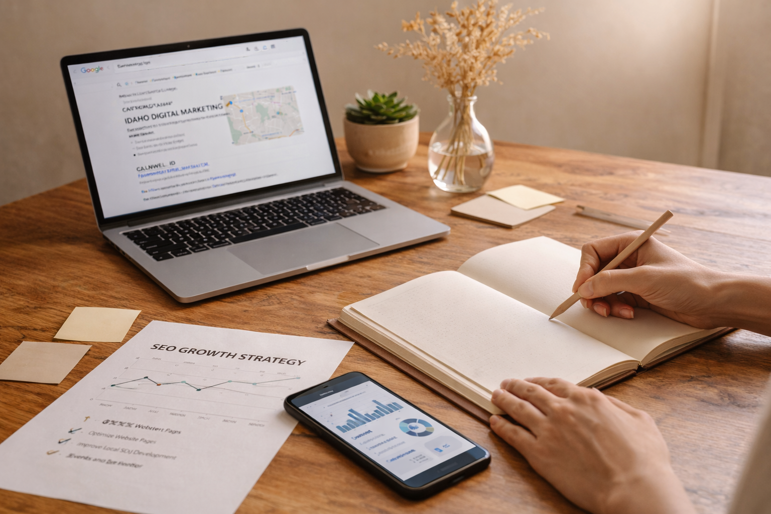A workspace with a laptop displaying a map and business information, a smartphone showing a graph, printed documents about SEO growth strategy, a blank notebook being written in, sticky notes, and a hand holding a pencil.