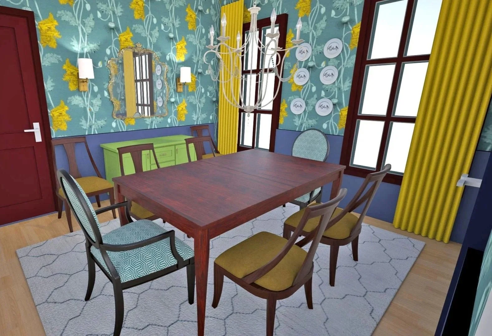 A dining room with a large wooden table, six different chairs, a green sideboard, a large window with yellow curtains, a chandelier, floral wallpaper, a wall mirror, and decorative dishes on the wall.