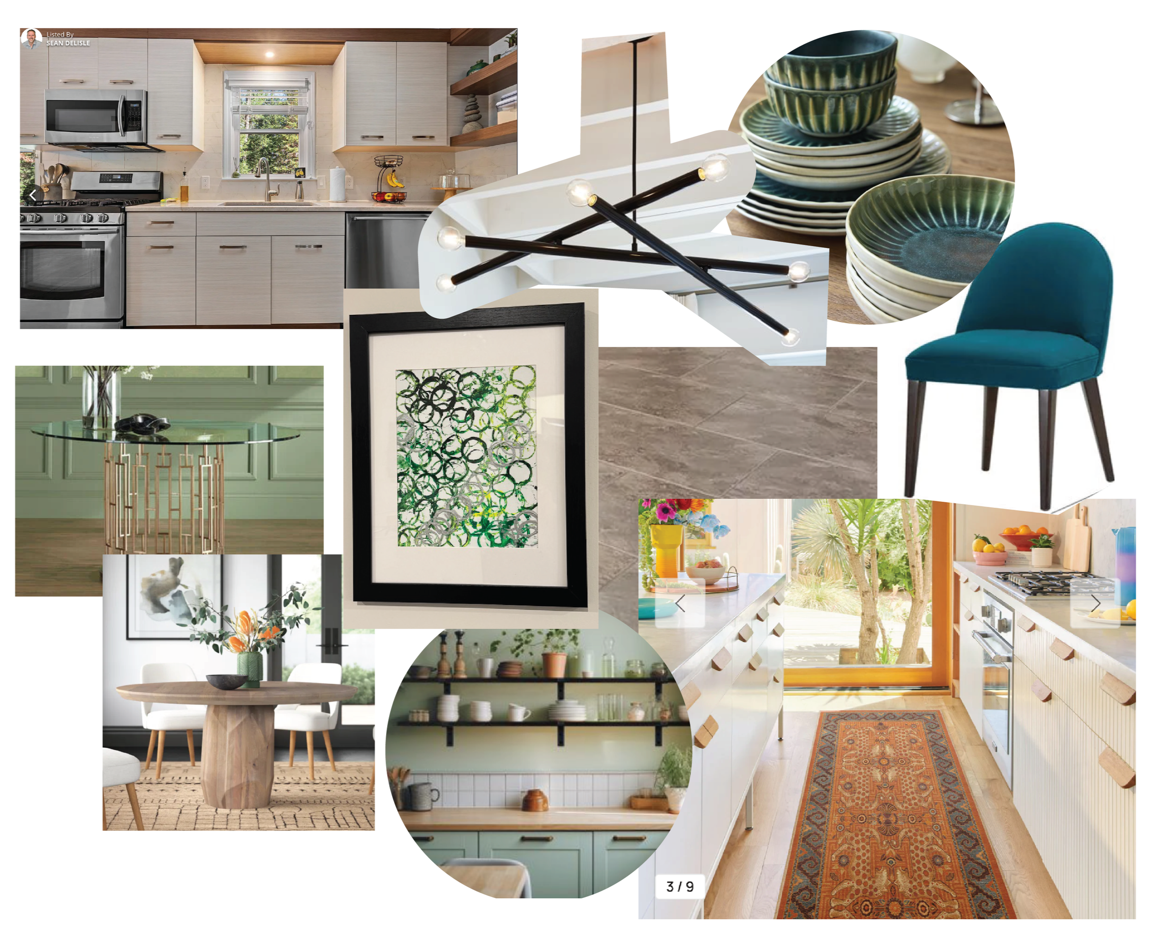 Collage of various home interior design elements including a modern kitchen, a dining area with a marble table, kitchenware, a teal upholstered chair, decorative bowls, a dining table with flowers, a shelving unit with ceramics, a hallway with a rug,