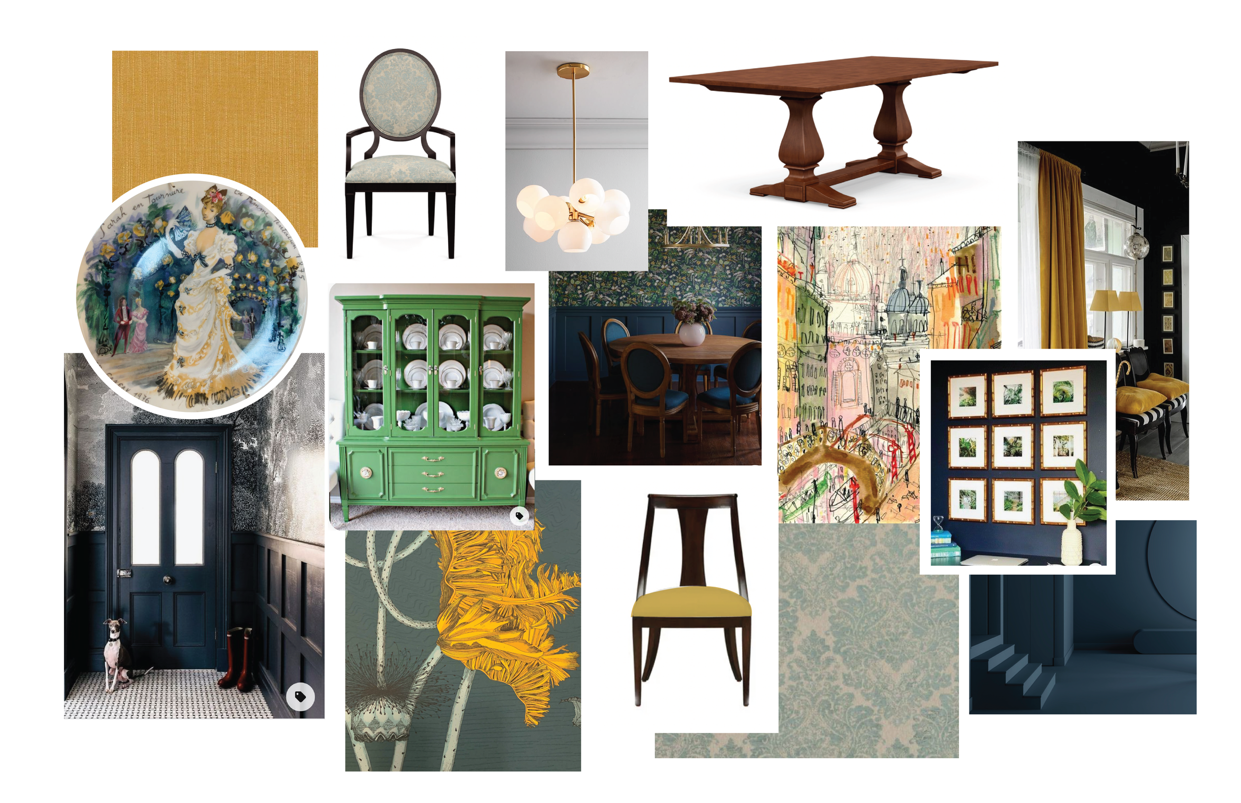 Collage of interior and dining furniture, artwork, and decor in various styles including patterned wallpaper, a chandelier, a wooden dining table, display cabinet, and framed pictures.