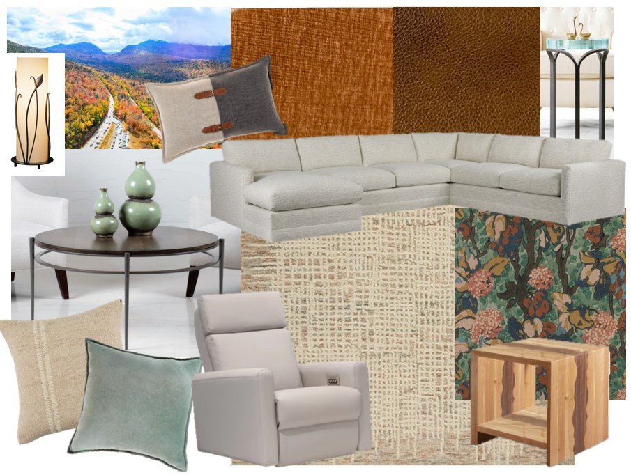 A collage of living room furniture and decor, including a large sectional sofa, an armchair, a round coffee table with vases, a side table, textured and patterned rugs, decorative pillows, and a landscape photo in the background.