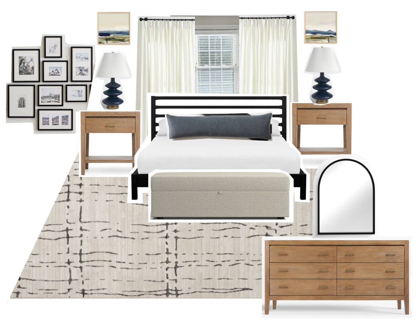 A modern bedroom with a bed that has a black metal frame, a white bedspread, and a long gray pillow. There are two natural wood nightstands with black and white table lamps on each side of the bed. A beige storage bench is at the foot of the bed. Beh
