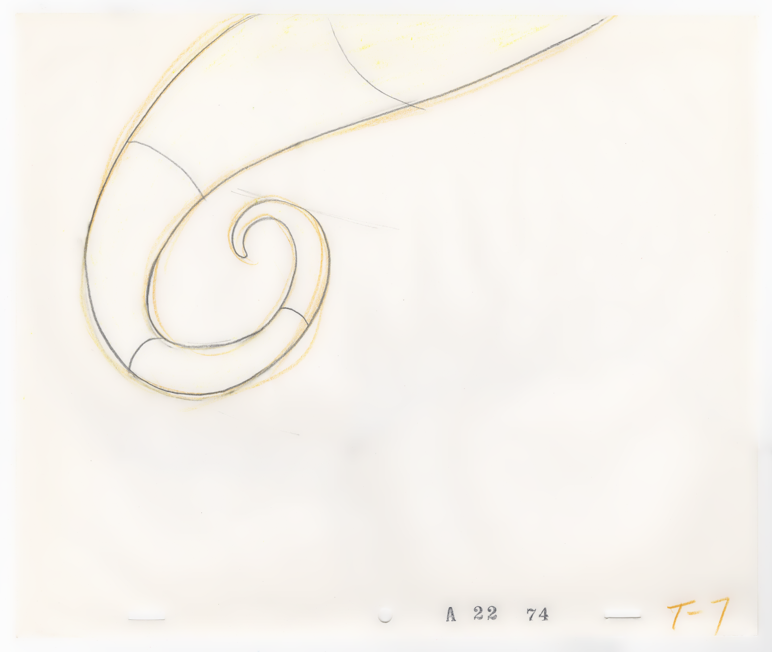 A hand-drawn sketch of a curly design, with faint shading and some highlighted yellow areas, on a mostly white background with markings and labels at the bottom.