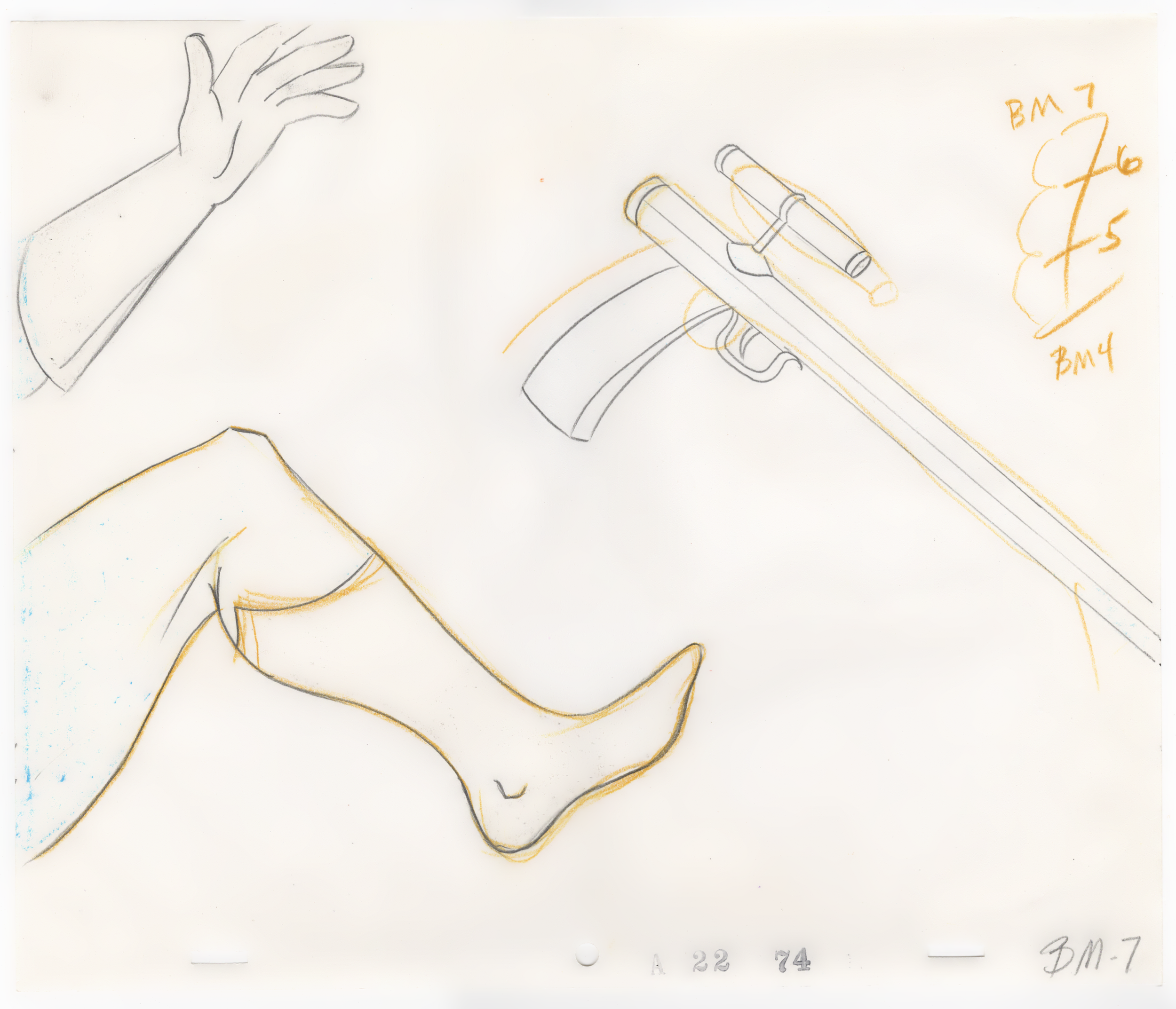 Sketch of a human hand with lines indicating muscle and bone structure, with a detailed drawing of a handgun and several bullets on a white background, with handwritten notes and numbers.