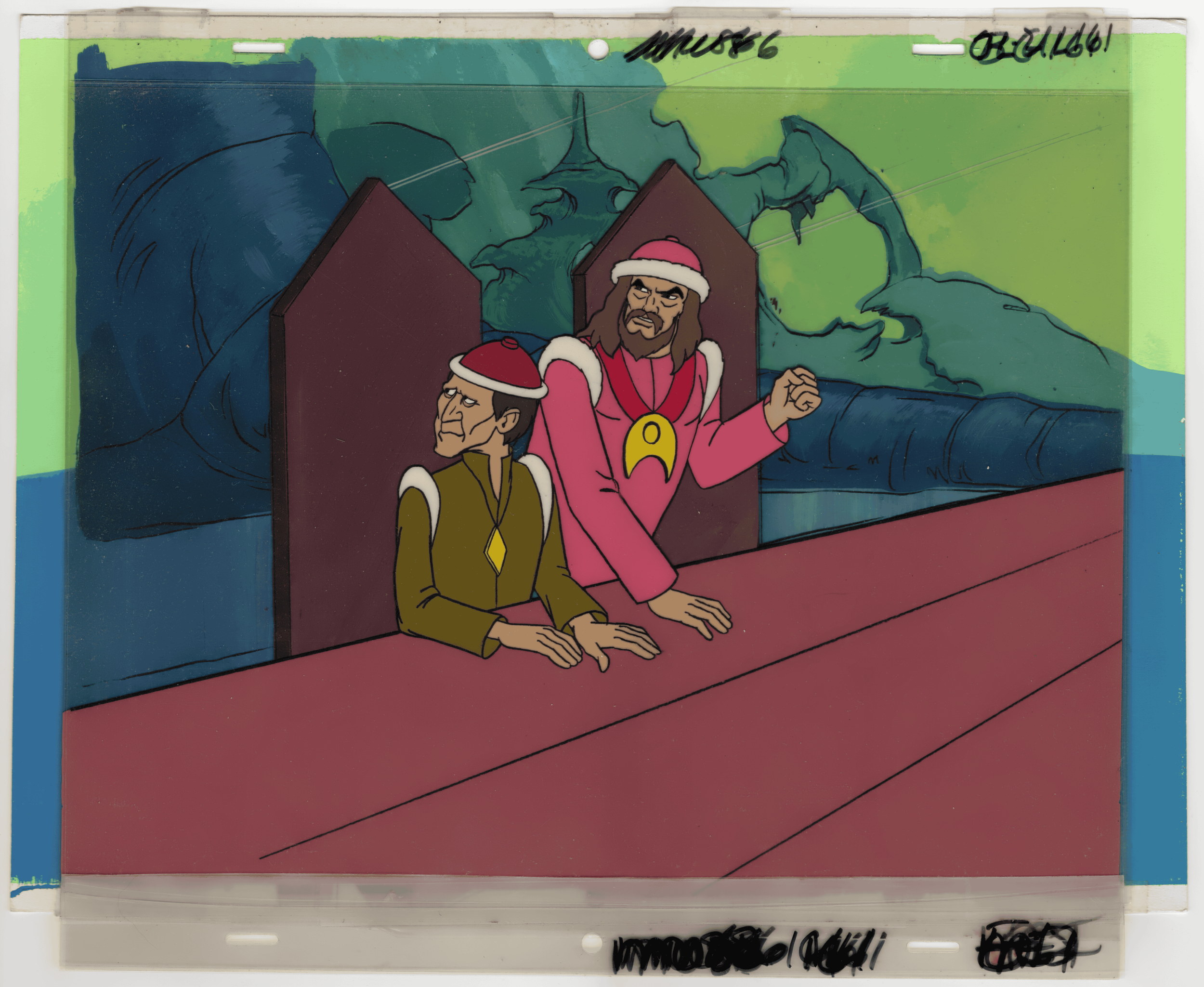 Cartoon of two men dressed as kings in front of a cave or mountain landscape, one with a pink crown and the other with a red crown, both dressed in robes, with the man in pink pointing forward.
