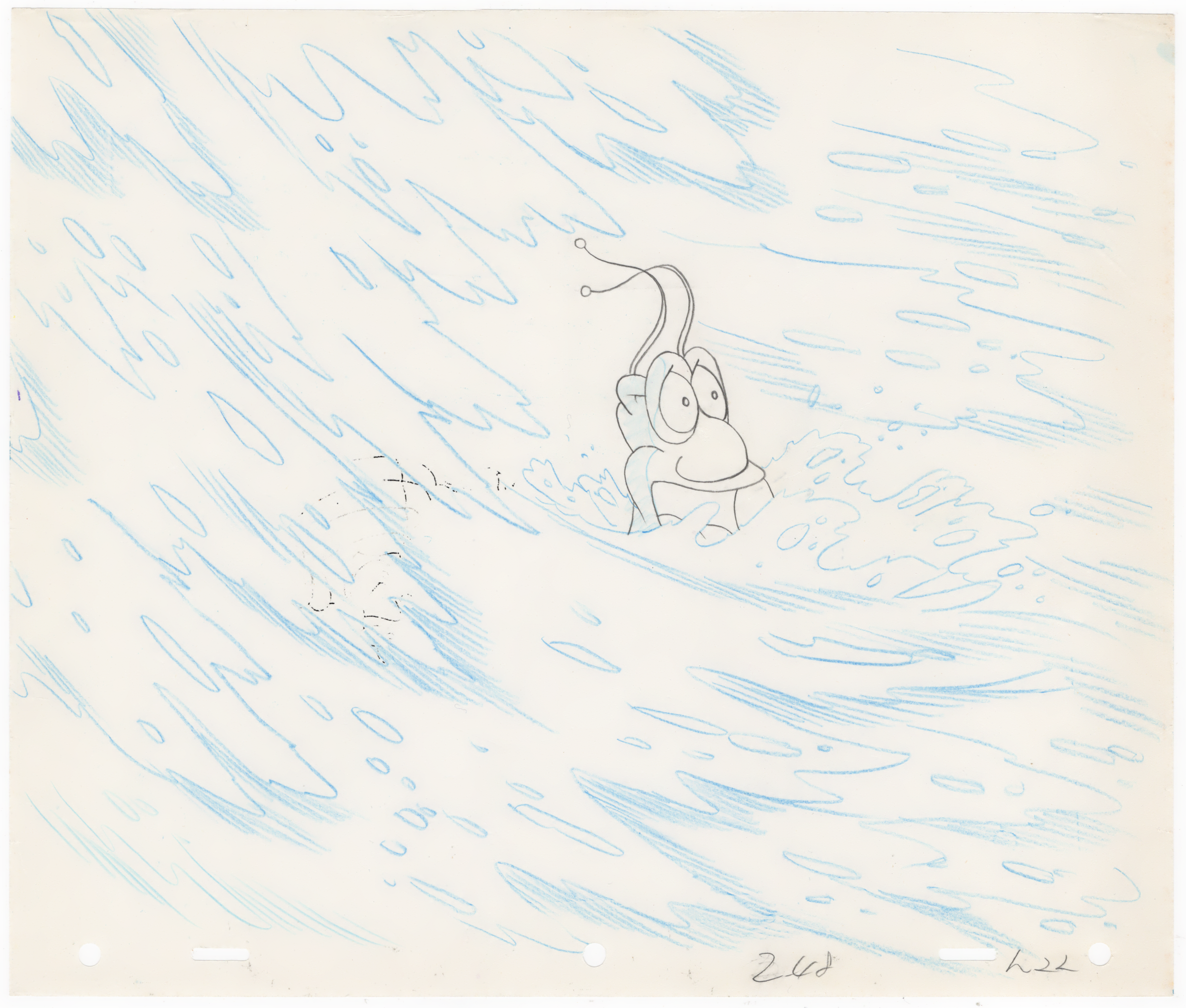 A hand-drawn illustration depicts a person holding a large watering can, with water pouring out and splashing around, against a background filled with blue lines suggesting rain or water movement.