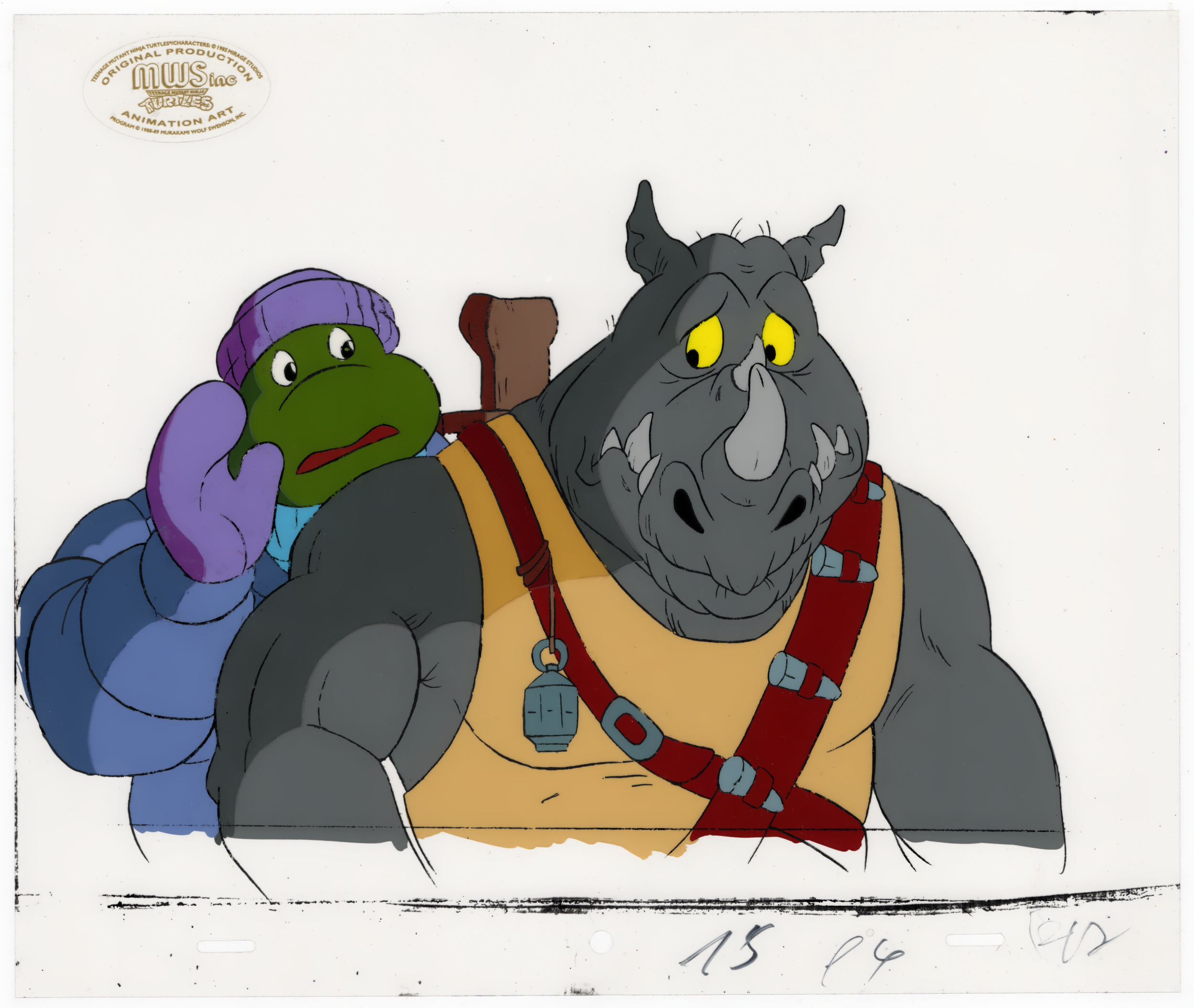 Drawing of a green turtle with purple limbs and a purple shell, wearing a purple beanie, and a large gray rhinoceros with yellow eyes, wearing a red harness and yellow shirt, with a small brown axe on its back.