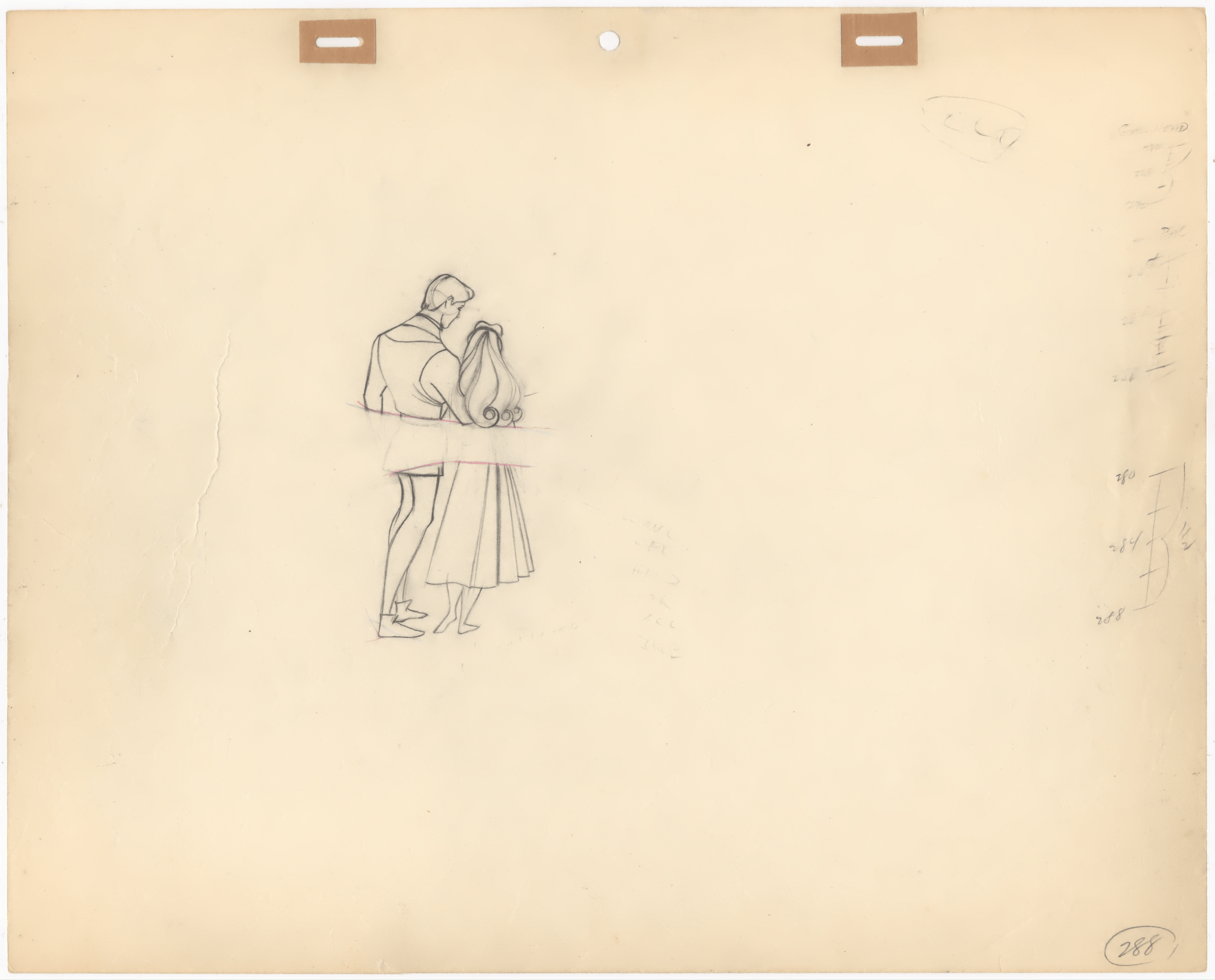 A hand-drawn sketch of a person and a dog sitting close together, viewed from behind, on a piece of paper with some handwritten notes and measurements.