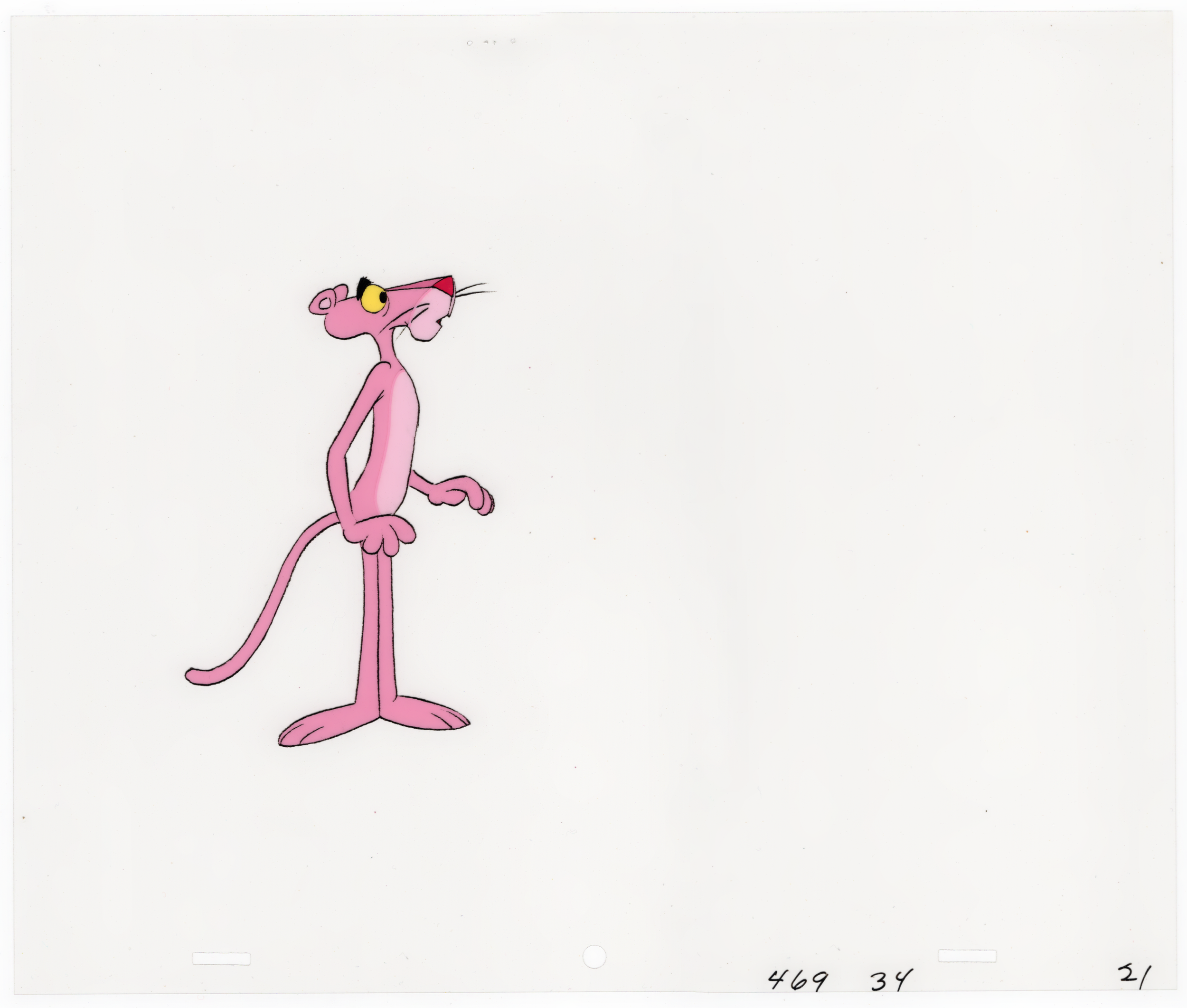 Sketch of the Pink Panther standing upright with a curious expression, hands on hips, pink body, and distinctive yellow eyes, against a plain white background.