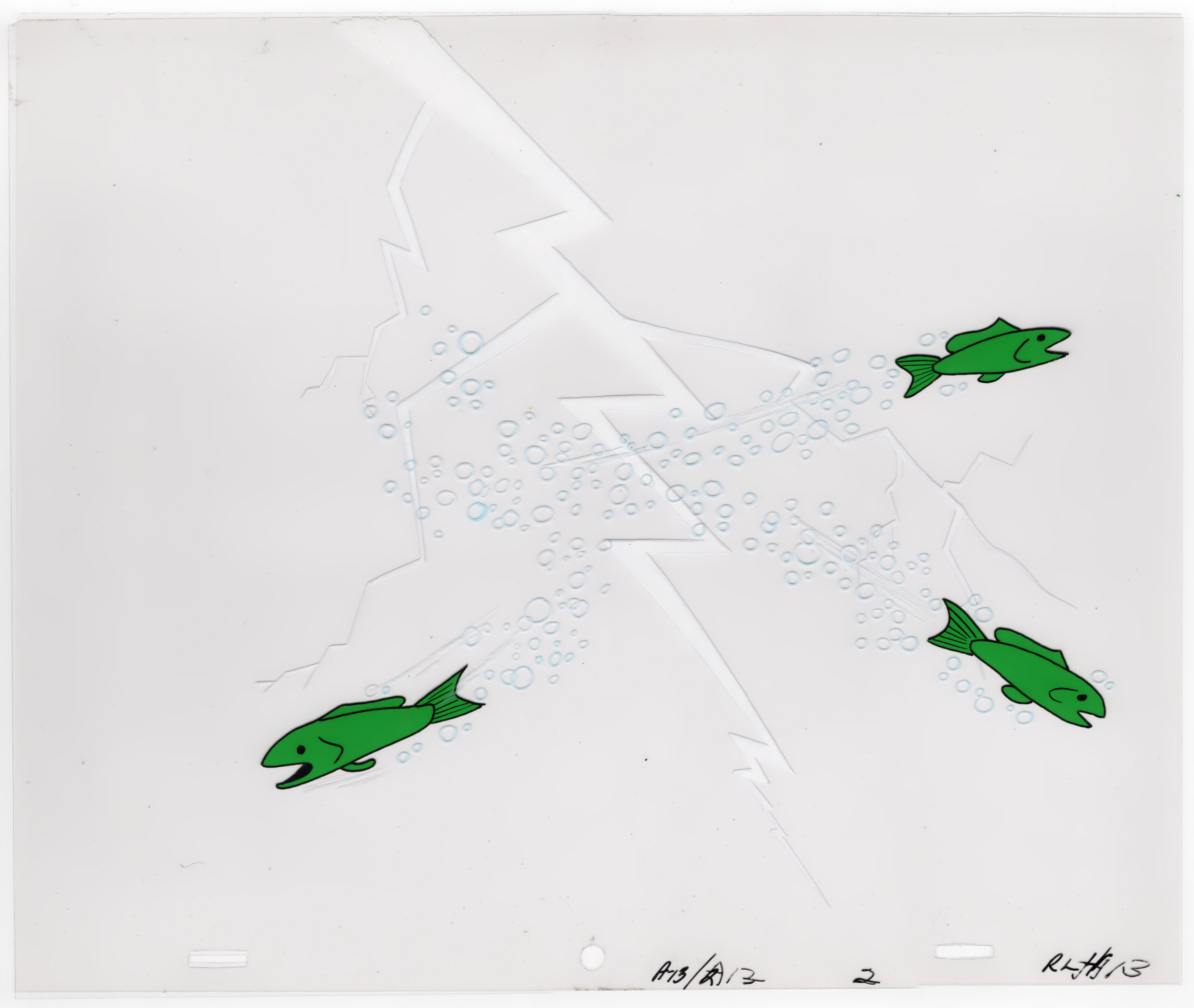 White rectangular surface with a simple illustration of two green fish facing each other, with bubbles around their open mouths, and a zigzag line representing fish movement or water.