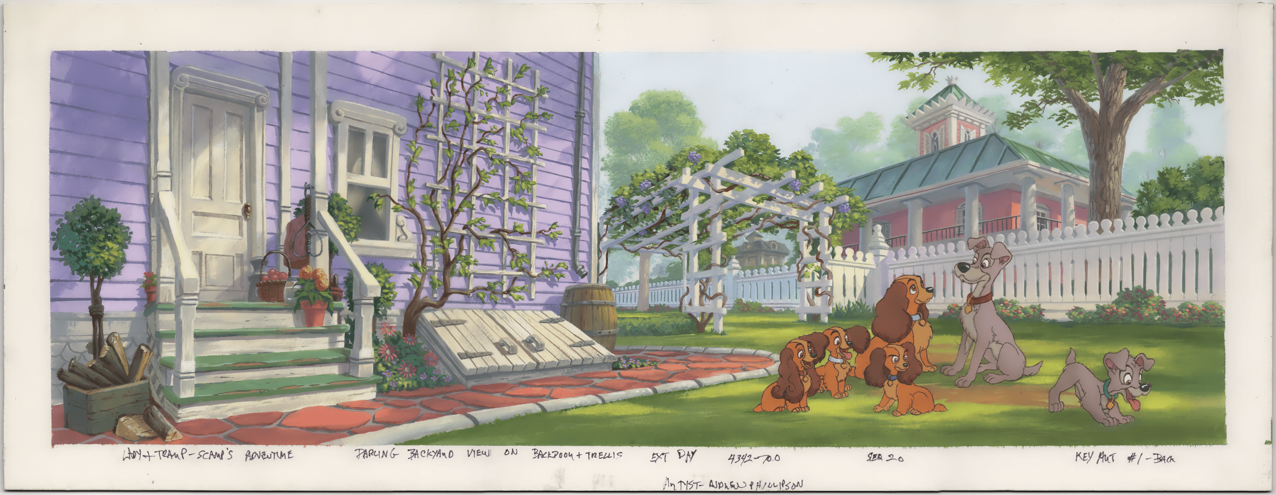 Tramp, Lady, Scamp, Annette, Colette, and Danielle Pre-Production Color Key / Concept Art