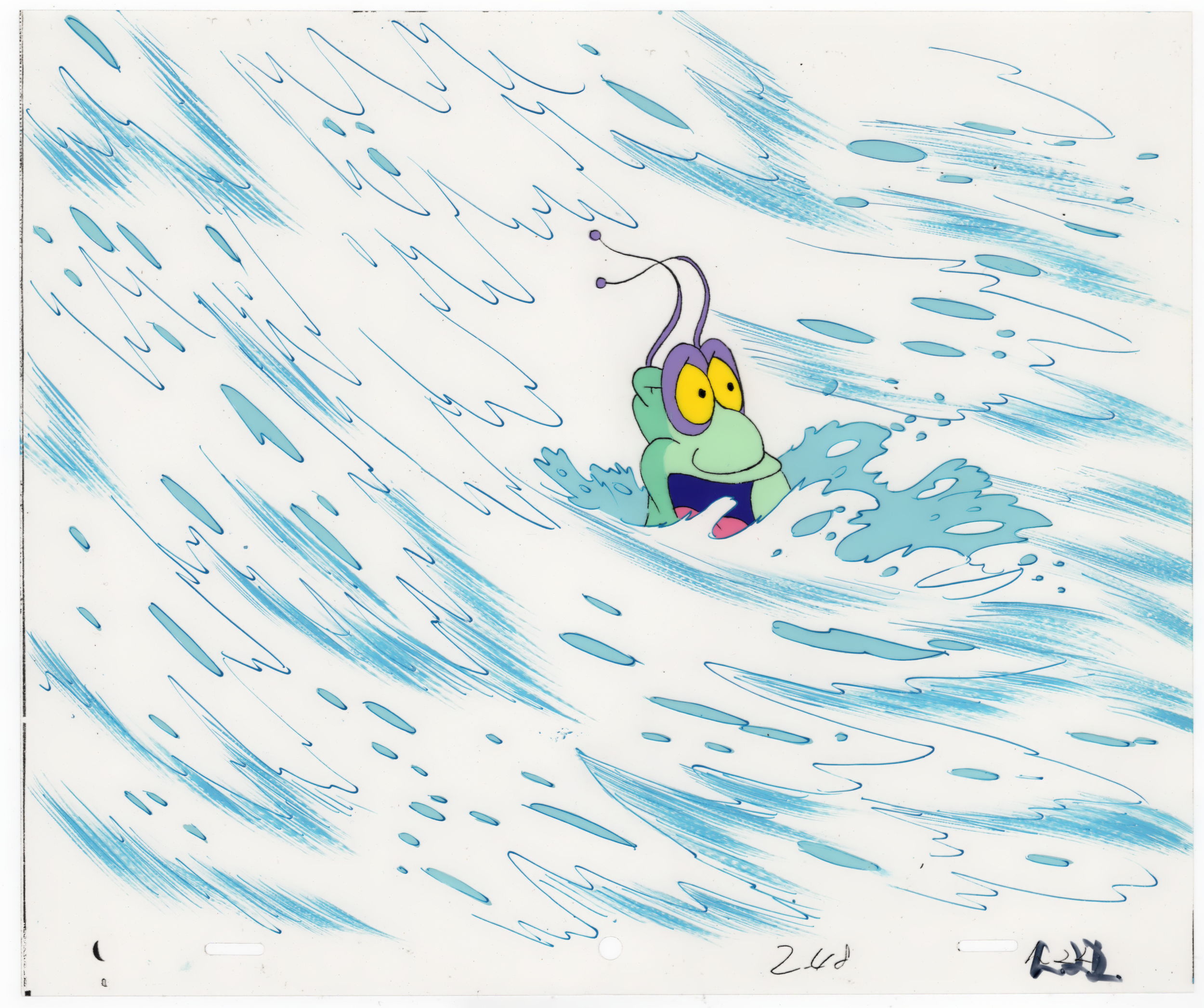 An illustrated character with a frog-like body, large yellow eyes with black pupils, purple antennae, and ears, sitting in water amid spatters and streaks of blue, resembling rain or water splashes.