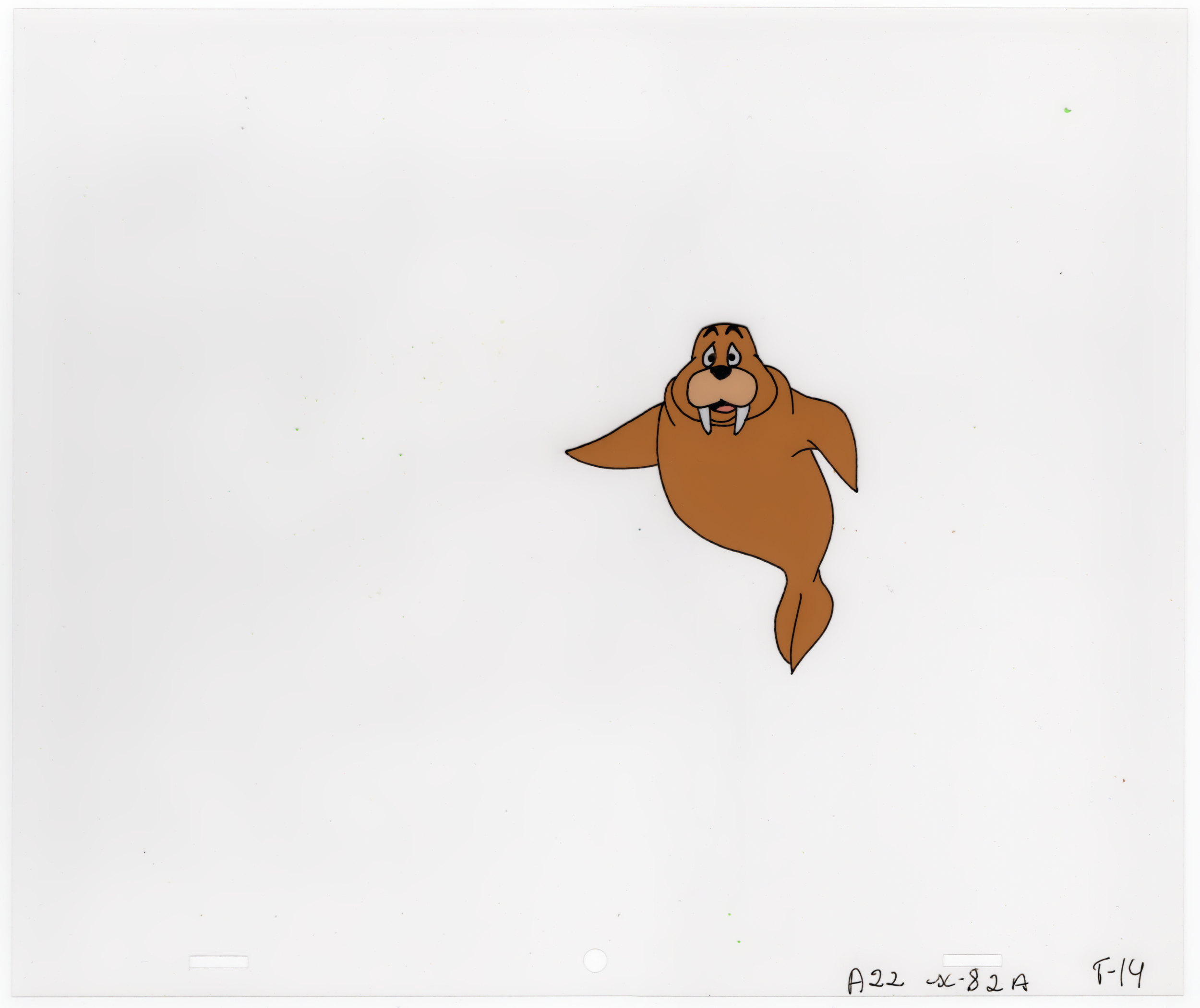 A cartoon walrus with orange fur, large tusks, small eyes, and a rounded face, positioned on a white background.