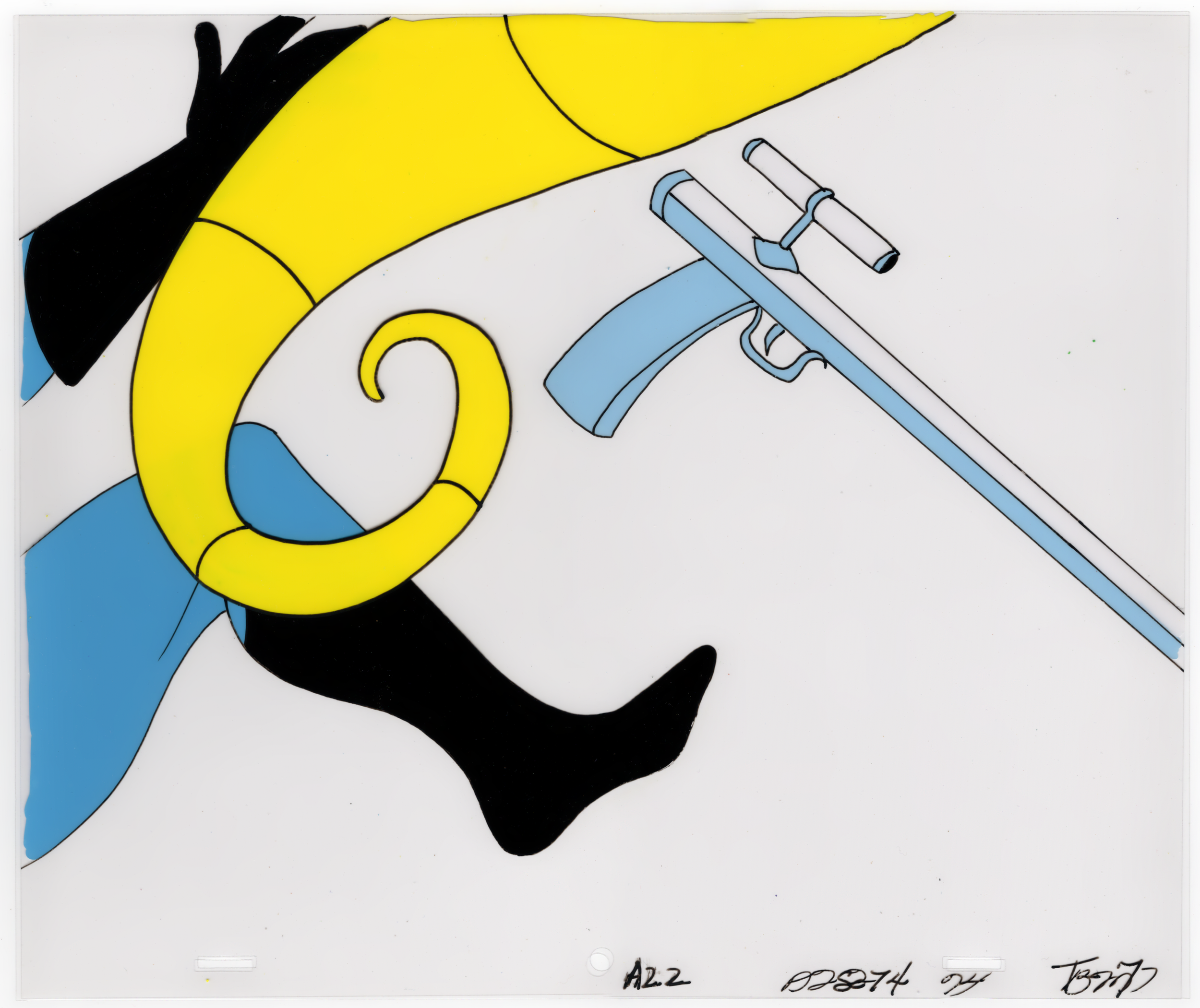 drawing of a yellow telescope with a blue arm and black details on a white background, with handwritten notes and numbers at the bottom.